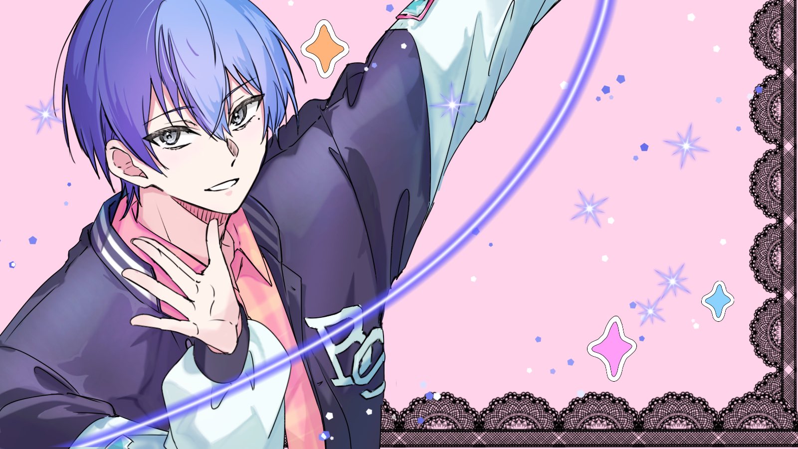 aoyagi touya, project sekai, commentary request, highres, 1boy, arm up, blue hair, chako (chaaaaa 1001), clenched teeth, collared shirt, grey eyes, hair between eyes, hand up, jacket, long sleeves, looking at viewer, male focus, mole, mole under eye, multicolored hair, official alternate costume, open clothes, open hand, open jacket, pink background, pink shirt, shirt, short hair, smile, solo, sparkle, split-color hair, teeth, two-tone hair, upper body, wing collar