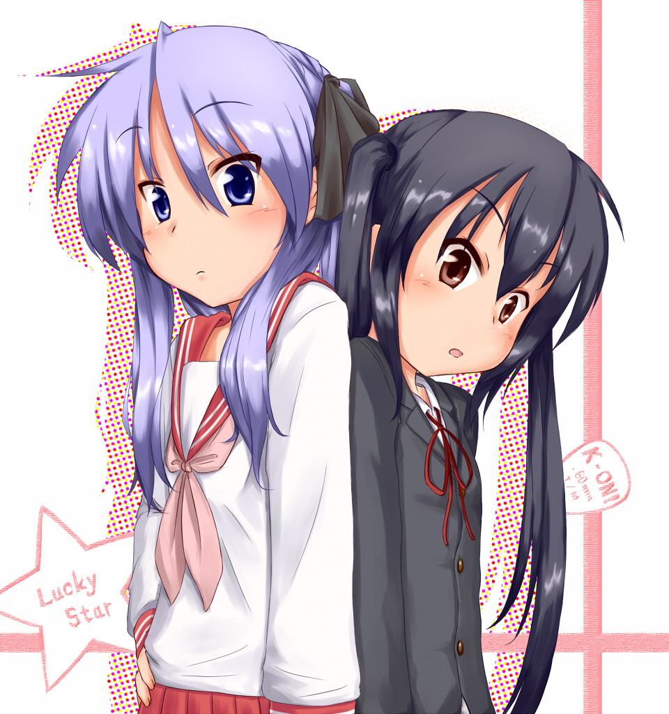 ryuunosuke (luckyneco), hiiragi kagami, nakano azusa, k-on!, lucky star, 00s, 2girls, back-to-back, black hair, blazer, blue eyes, blue hair, blush, brown eyes, crossover, hair ribbon, hand on own hip, hip focus, jacket, long hair, multiple girls, pleated skirt, purple hair, ribbon, school uniform, serafuku, skirt, tsurime, twintails