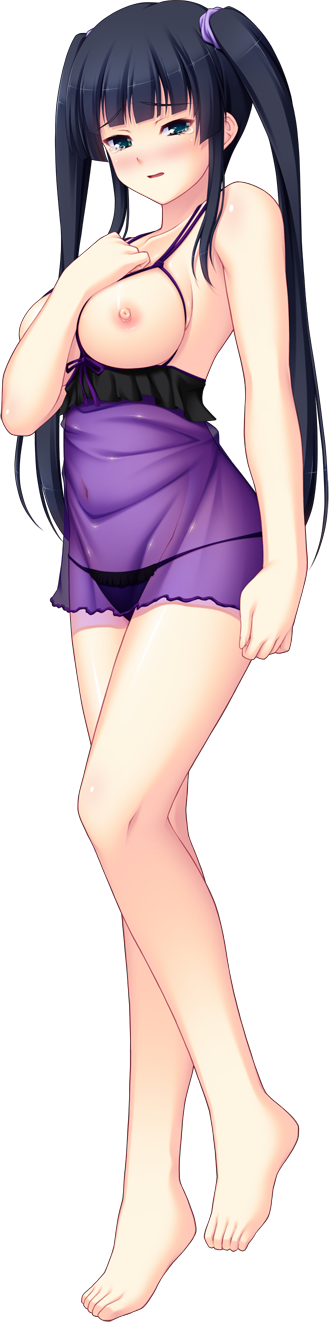tsukumo kazuita, kurasawa anzu, nerawareta megami tenshi angel tear, game cg, highres, large variant set, long image, non-web source, official art, tall image, variant set, 1girl, babydoll, barefoot, black hair, black panties, blue eyes, blush, breastless clothes, breasts, full body, hand on own chest, large breasts, lingerie, long hair, looking at viewer, navel, nipples, open mouth, panties, see-through clothes, solo, tachi-e, transparent background, twintails, underwear