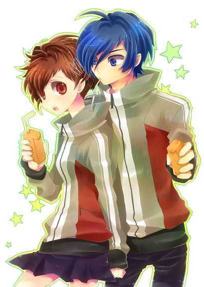 shooting428star, shiomi kotone, yuuki makoto (persona 3), atlus, persona, persona 3, persona 3 portable, 1boy, 1girl, blue eyes, blue hair, brown hair, drink carton, drinking straw, hair ornament, hairpin, jacket, juice box, open mouth, red eyes, school uniform, skirt, track jacket