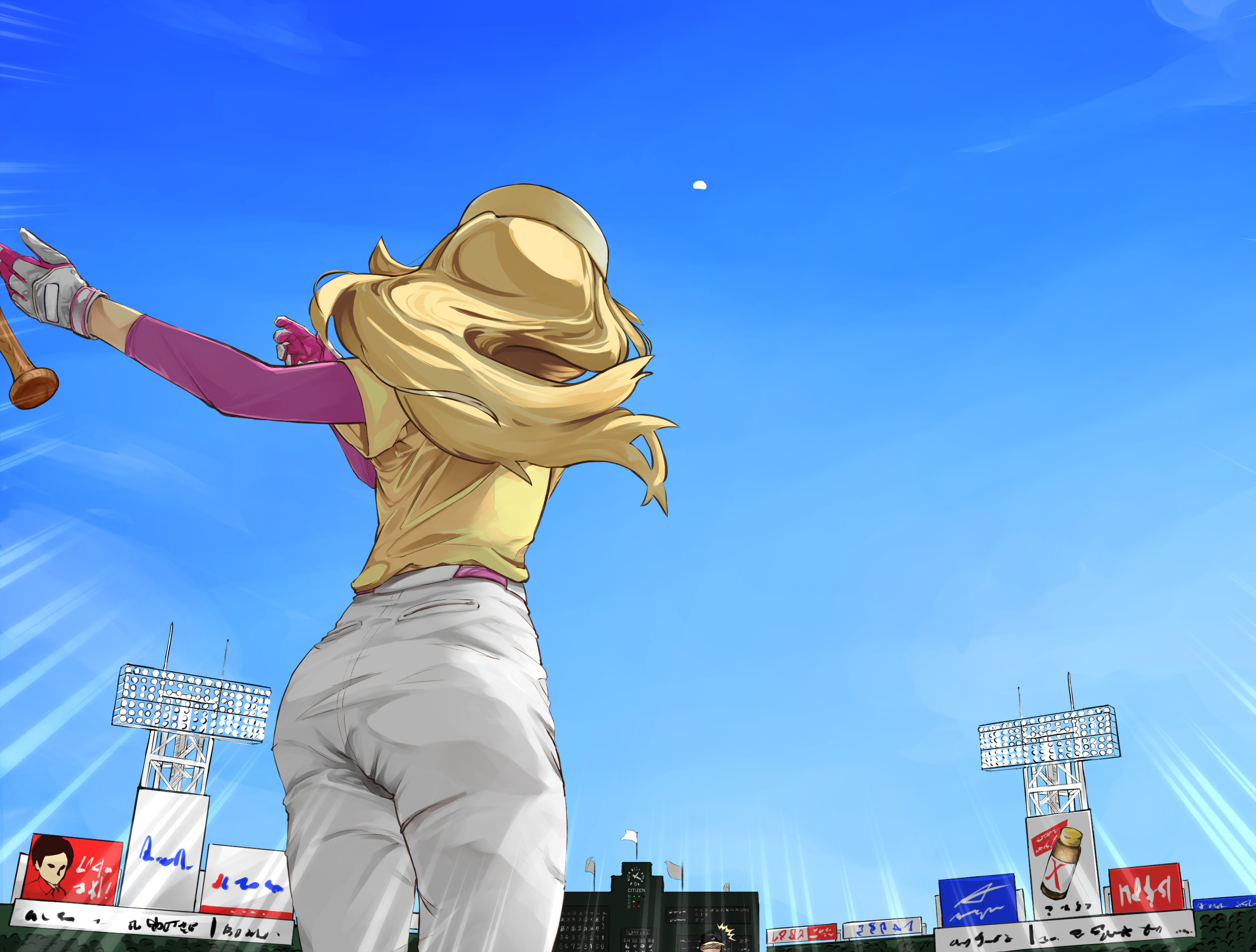 issun boushi (taku37taku), oozora miyoko, jikkyou powerful pro yakyuu, commentary request, highres, 1girl, baseball bat, baseball cap, baseball stadium, baseball uniform, blonde hair, blue sky, facing away, floating hair, from behind, gloves, hanshin koshien stadium, hat, long hair, multicolored gloves, outdoors, pants, pink gloves, pink shirt, playing sports, shirt, shirt under shirt, sky, solo, sportswear, swinging baseball bat, white gloves, white pants, yellow shirt