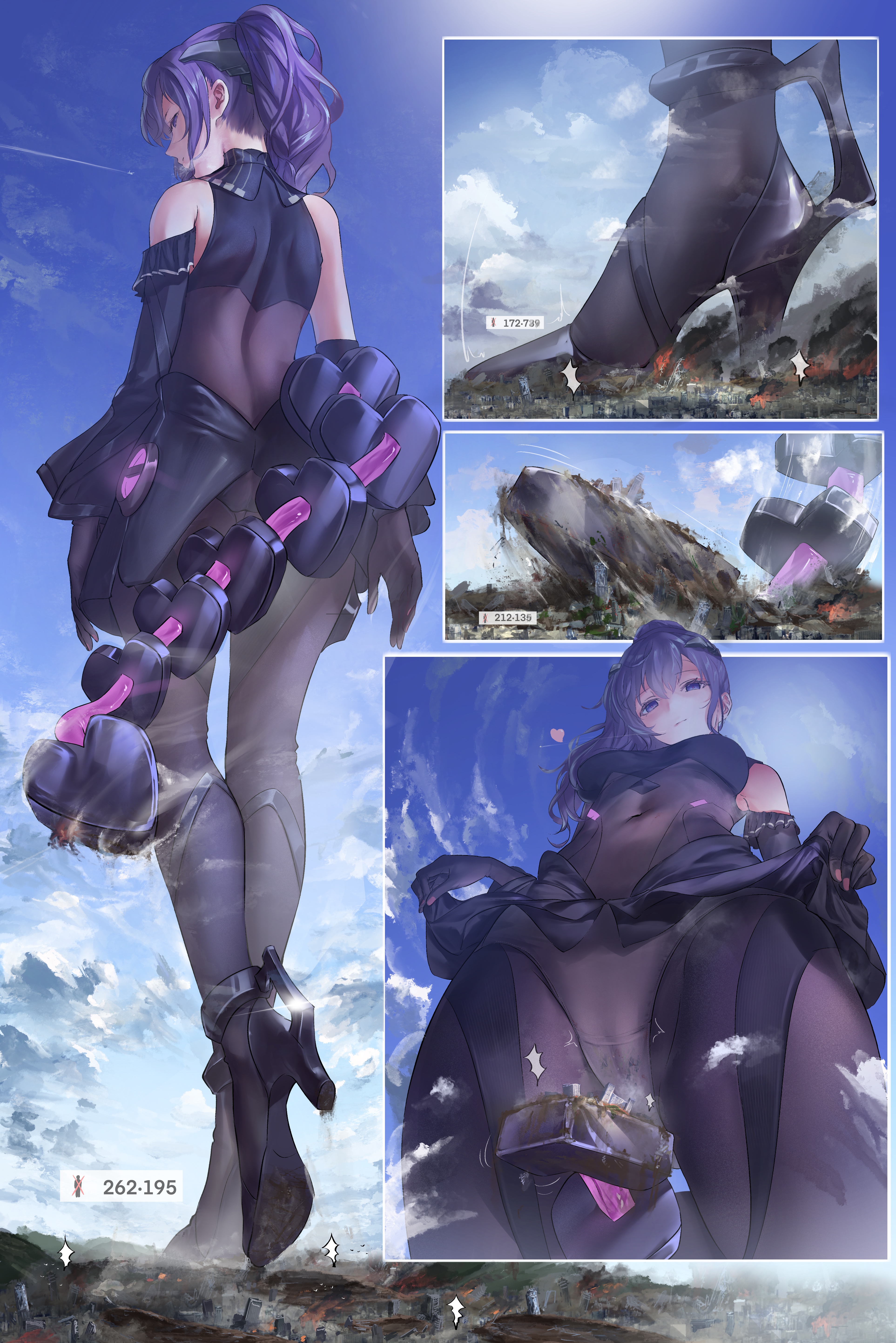 antinomychina, asahina mafuyu, project sekai, absurdres, commentary, highres, bare shoulders, blue sky, cameltoe, city, from above, giant, giantess, heart, high heels, looking down, ponytail, purple eyes, purple hair, sky
