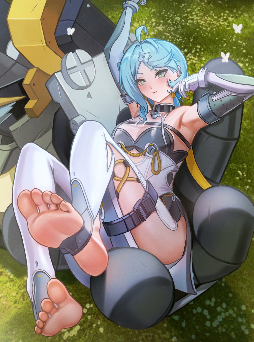 puppnett, seed (zenless zone zero), seed sr., zenless zone zero, commentary, english commentary, highres, 1girl, ahoge, arm up, armpits, bare shoulders, blue eyes, blue hair, breasts, bug, butterfly, closed mouth, clothing cutout, elbow gloves, feet, flower hairpin, gloves, grass, hair ornament, hairpin, humanoid robot, insect, looking at viewer, lying, on back, outdoors, robot, see-through dress layer, side cutout, small breasts, smile, soles, stirrup legwear, thigh cutout, toeless legwear, toes, white gloves