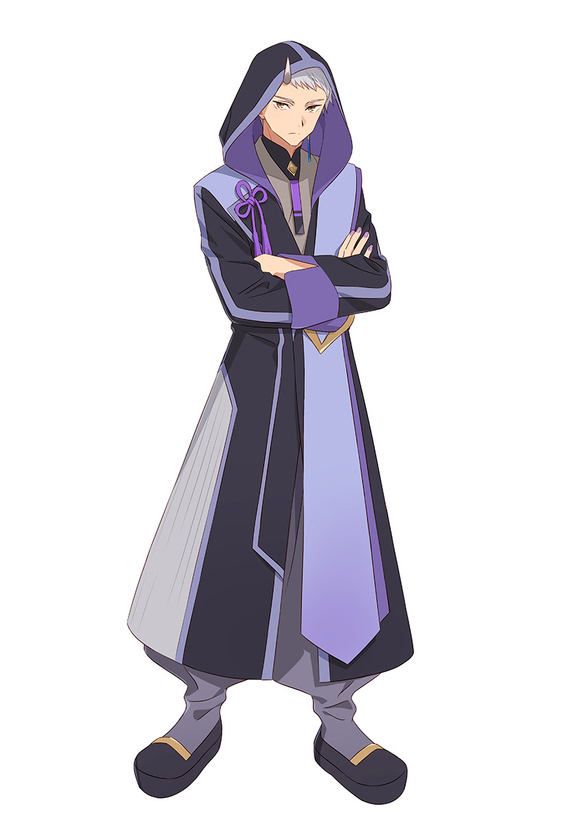 komazawa rai, highres, official art, second-party source, 1boy, black robe, black shoes, cho kaguya-hime!, closed mouth, crossed arms, full body, grey hair, hood, hood up, horns, japanese clothes, long sleeves, looking at viewer, male focus, robe, shoes, simple background, single horn, solo, standing, tachi-e, white background, yellow eyes