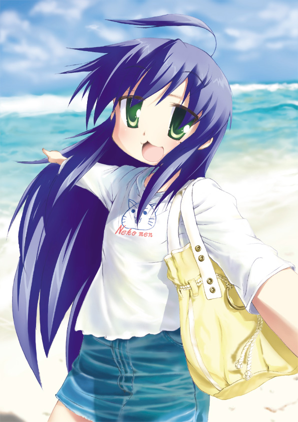 mro2, izumi konata, lucky star, 00s, 1girl, :3, ahoge, beach, blue hair, casual, day, denim, denim skirt, female focus, foreshortening, green eyes, long hair, mole, mole under eye, pointing, pov, skirt, solo