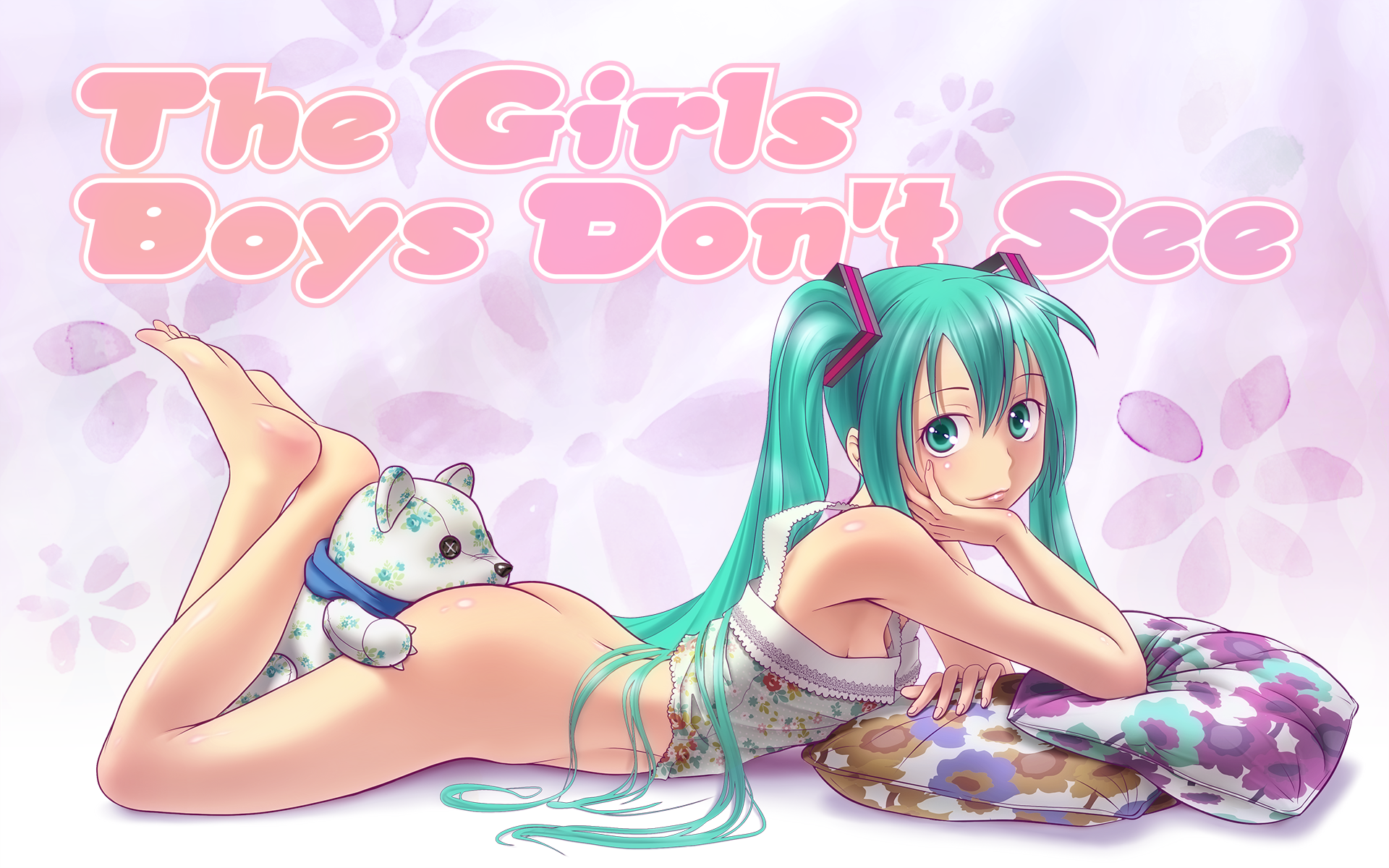wokada, hatsune miku, vocaloid, highres, 1girl, aqua eyes, aqua hair, ass, back, barefoot, bottomless, breasts, camisole, cushion, english text, feet, female focus, fingernails, full body, hand rest, head on ass, head rest, legs, lips, long hair, looking at viewer, lying, medium breasts, no panties, on stomach, pillow, scarf, sideboob, soles, solo, stuffed animal, stuffed toy, teddy bear, the pose, toes, twintails, very long hair
