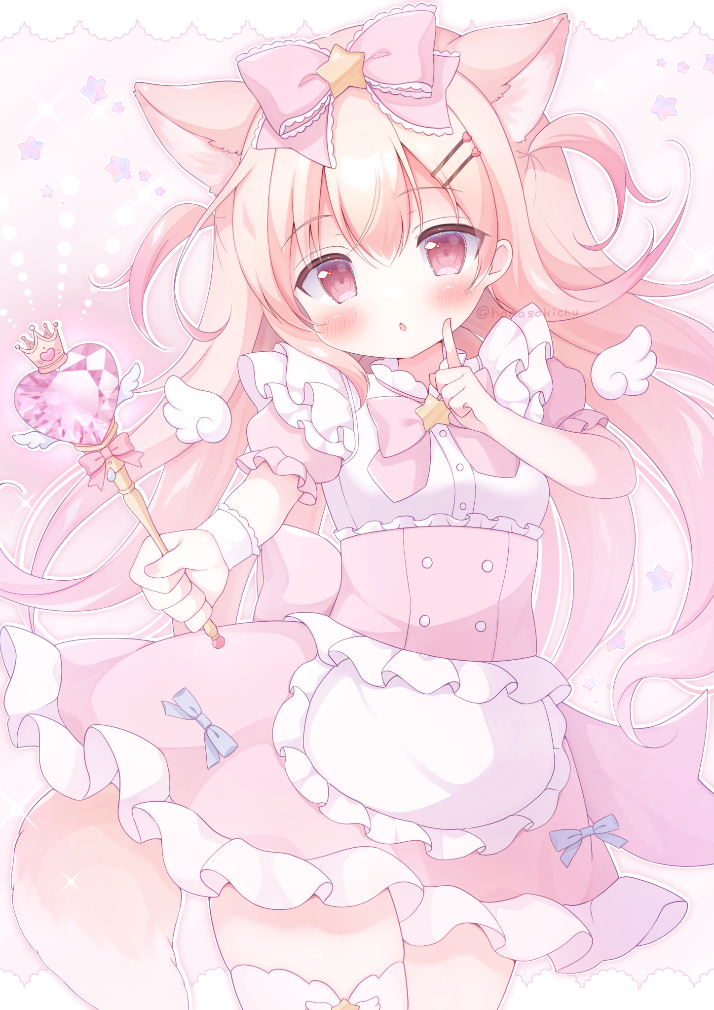 hanasakichu, momose nina, project nebula, commentary request, highres, 1girl, :o, animal ears, apron, blonde hair, blush, bow, bowtie, brooch, cowboy shot, fox ears, fox girl, fox tail, frilled apron, frilled bow, frilled skirt, frills, hair bow, hair ornament, hand up, holding, holding wand, index finger raised, jewelry, long hair, looking at viewer, mini wings, open mouth, pink bow, pink bowtie, pink skirt, red eyes, shirt, short sleeves, skirt, solo, star (symbol), star brooch, star hair ornament, tail, thighhighs, two side up, virtual youtuber, waist apron, wand, white apron, white shirt, white thighhighs, wings, wrist cuffs