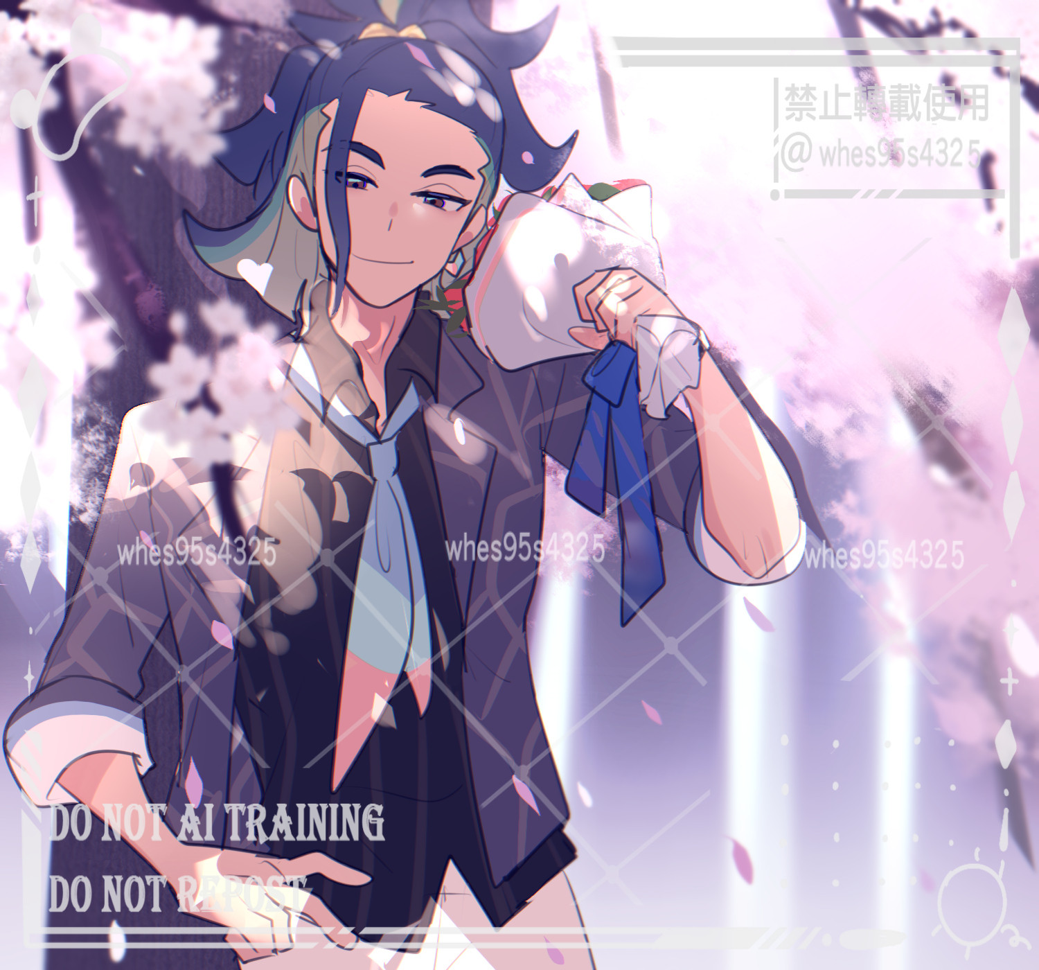 suikaels, adaman (palentine's 2026) (pokemon), adaman (pokemon), nintendo, pokemon, pokemon masters ex, commentary request, highres, 1boy, black shirt, blue hair, blue necktie, bouquet, cherry blossoms, closed mouth, collared shirt, flower, green hair, holding, holding bouquet, jacket, long hair, looking at viewer, multicolored hair, necktie, official alternate costume, open clothes, open jacket, pants, ponytail, shirt, smile, solo, tree, watch, white pants, wristwatch