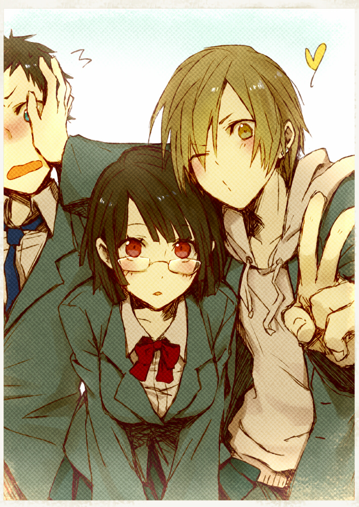 ria (rilpoppo), kida masaomi, orihara izaya, ryuugamine mikado, sonohara anri, durarara!!, 1girl, 2boys, black hair, blonde hair, blue eyes, glasses, multiple boys, raira academy school uniform, red eyes, school uniform, v, yellow eyes