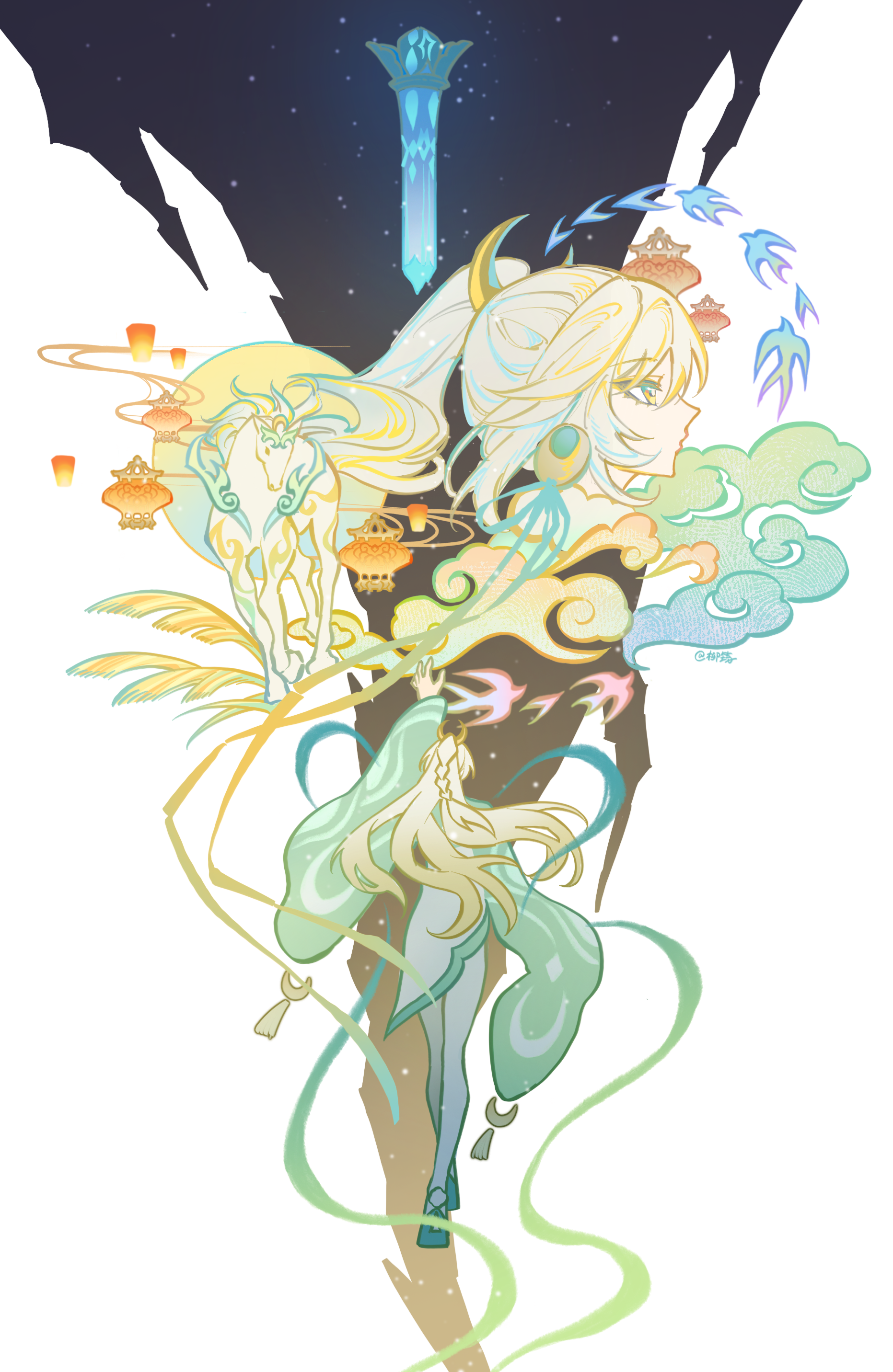 liuyun (liuyun73492), zibai (genshin impact), genshin impact, absurdres, chinese commentary, commentary request, highres, 1girl, bird, blonde hair, cloud, earrings, jewelry, lantern, long hair, paper lantern, ponytail, solo, star (sky), swallow (bird), white background, white hair