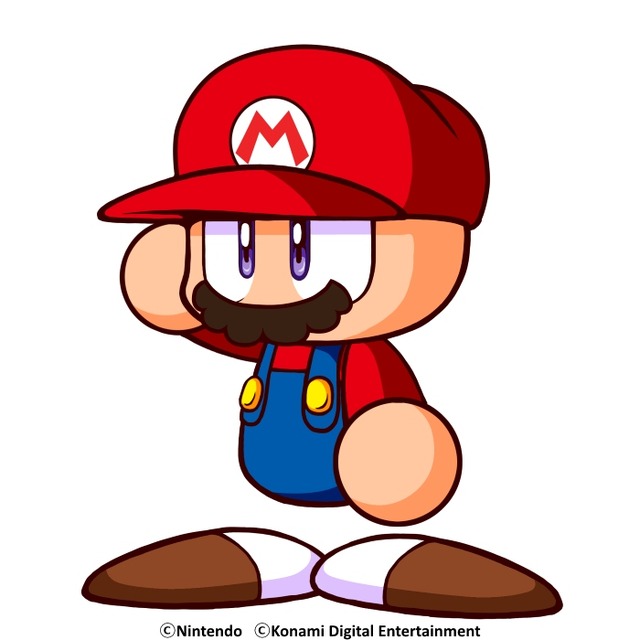 mario, jikkyou powerful pro yakyuu, mario (series), nintendo, artist request, official art, second-party source, 1boy, blue overalls, brown shoes, copyright notice, cosplay, crossover, fake facial hair, fake mustache, hat, jikkyou powerful pro yakyuu (style), mario (cosplay), multicolored shoes, no mouth, overalls, power pro kun, purple eyes, rayman limbs, red hat, red shirt, shirt, shoes, solo, two-tone shoes, white background, white shoes
