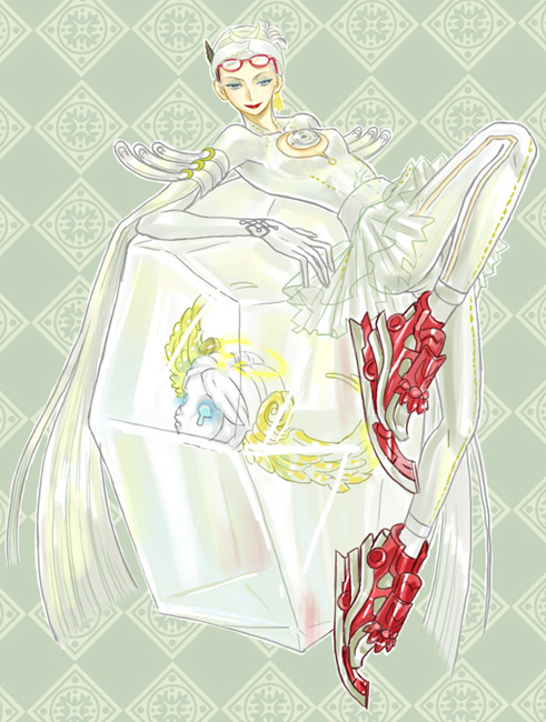 nasu (roda de estrela), bayonetta, jeanne (bayonetta), bayonetta (series), 1girl, blue eyes, bodysuit, eyeshadow, female focus, full body, glasses, ice, ice skates, lipstick, makeup, red-framed eyewear, short hair, skates, solo, white hair