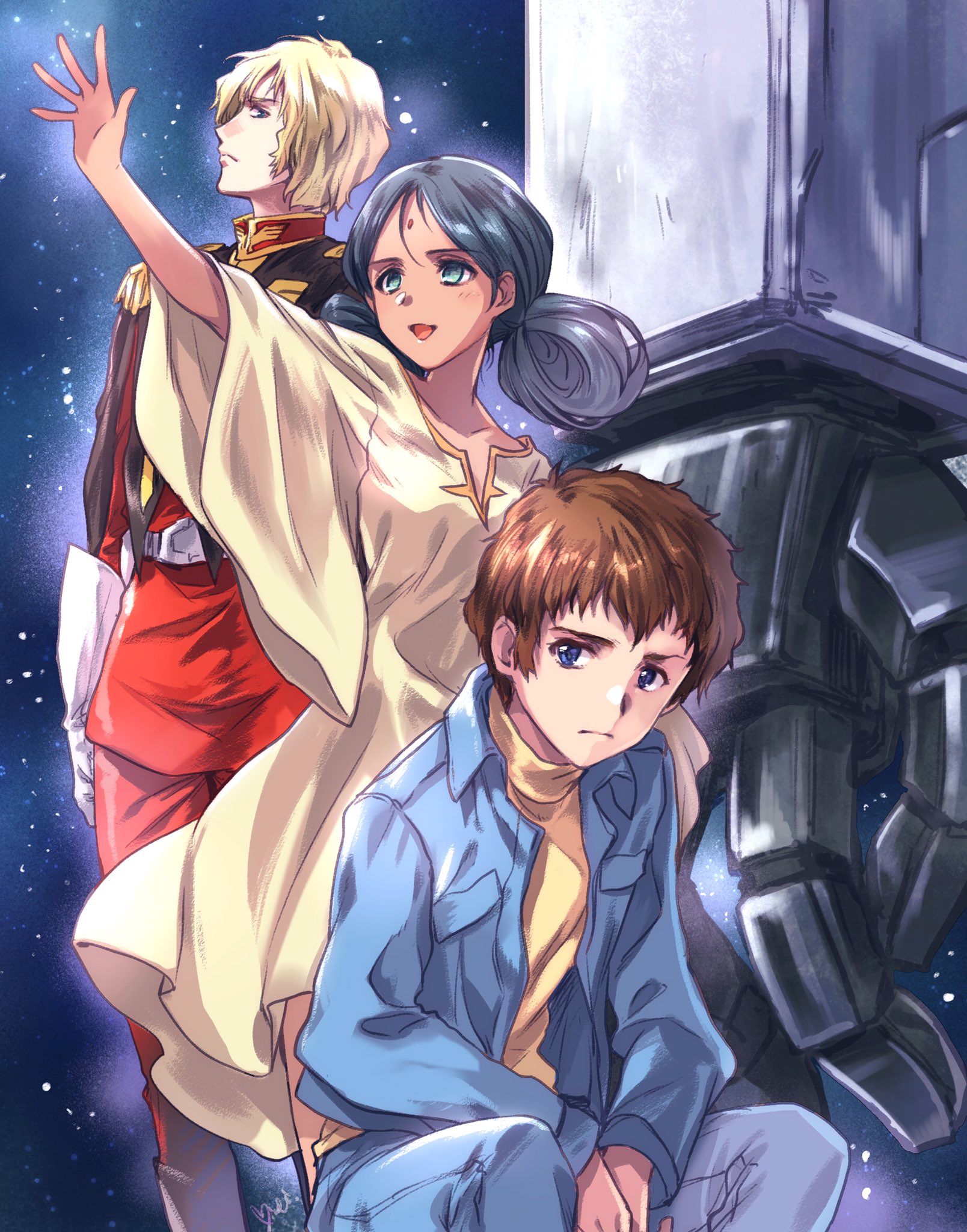 kuroi mimei, amuro ray, char aznable, lalah sune, rx-78-2 gundam, gundam, mobile suit gundam, commentary request, highres, 1girl, 2boys, bindi, black hair, blonde hair, blue eyes, blue jacket, blue pants, brown hair, dark-skinned female, dark skin, double bun, dress, gloves, green eyes, hair bun, jacket, long dress, mecha, military uniform, mobile suit, multiple boys, no mask, pants, reaching, robot, science fiction, short hair, turtleneck, wide sleeves, yellow dress