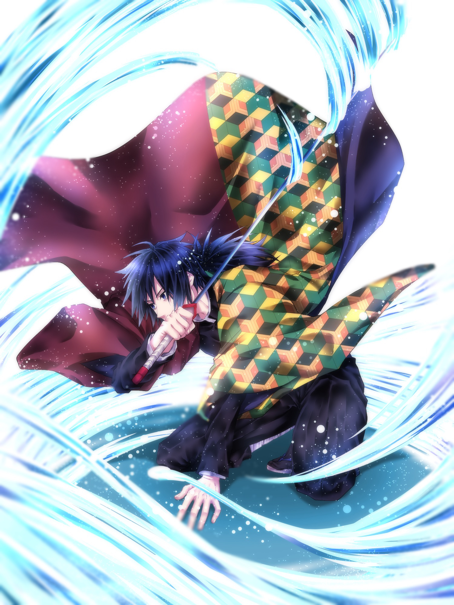 tomioka giyuu, kimetsu no yaiba, commentary request, highres, 1boy, black hair, black jacket, black pants, blue eyes, demon slayer uniform, empty eyes, full body, hair between eyes, haori, high collar, holding, holding sword, holding weapon, jacket, japanese clothes, katana, kikkoumon, long hair, low ponytail, male focus, mgk9072, pants, ponytail, print haori, red haori, solo, spiked hair, sword, water, weapon, white background