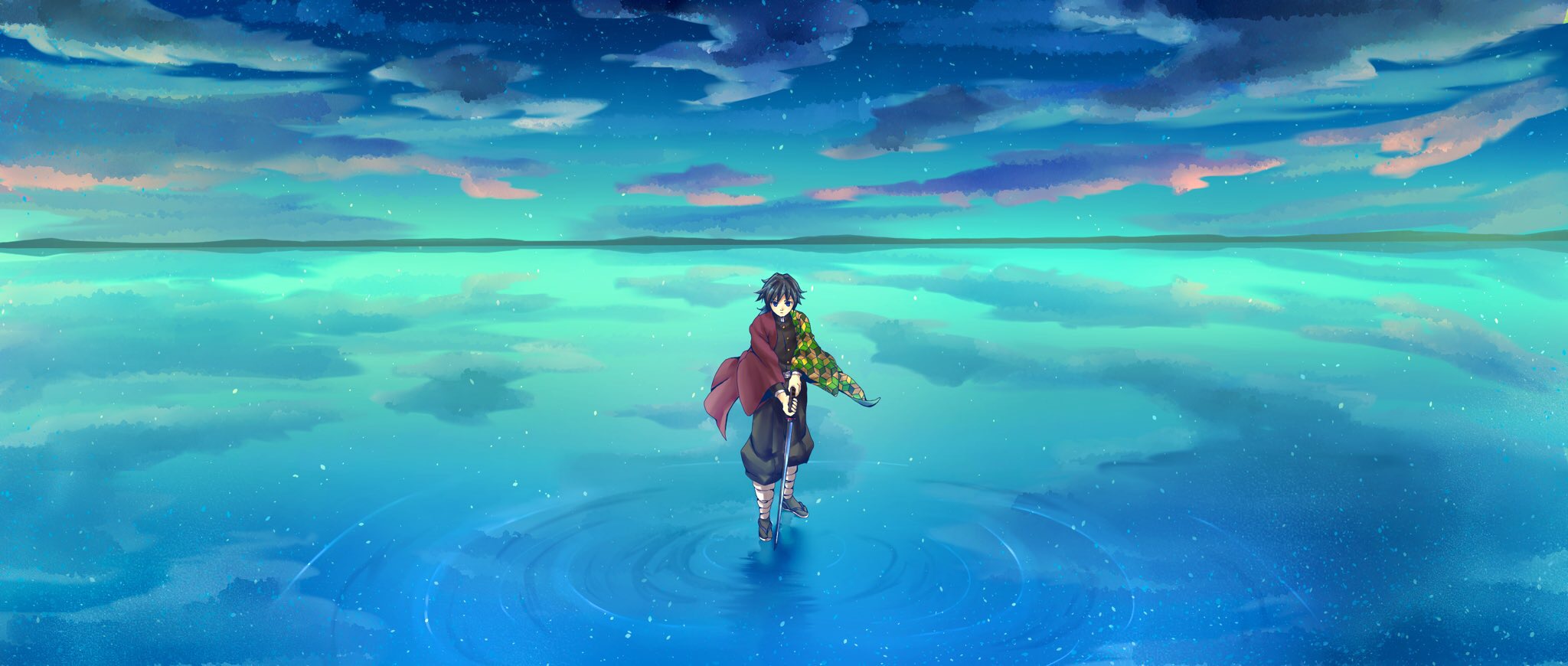 tomioka giyuu, kimetsu no yaiba, commentary request, highres, 1boy, belt, black hair, black jacket, black pants, black socks, blue eyes, buttons, cloud, demon slayer uniform, empty eyes, full body, gold buttons, hair between eyes, haori, high collar, holding, holding sword, holding weapon, jacket, japanese clothes, katana, kikkoumon, long hair, low ponytail, male focus, pants, ponytail, print haori, red haori, sandals, scenery, socks, solo, spiked hair, standing, sword, tofu mame, water, weapon, white belt