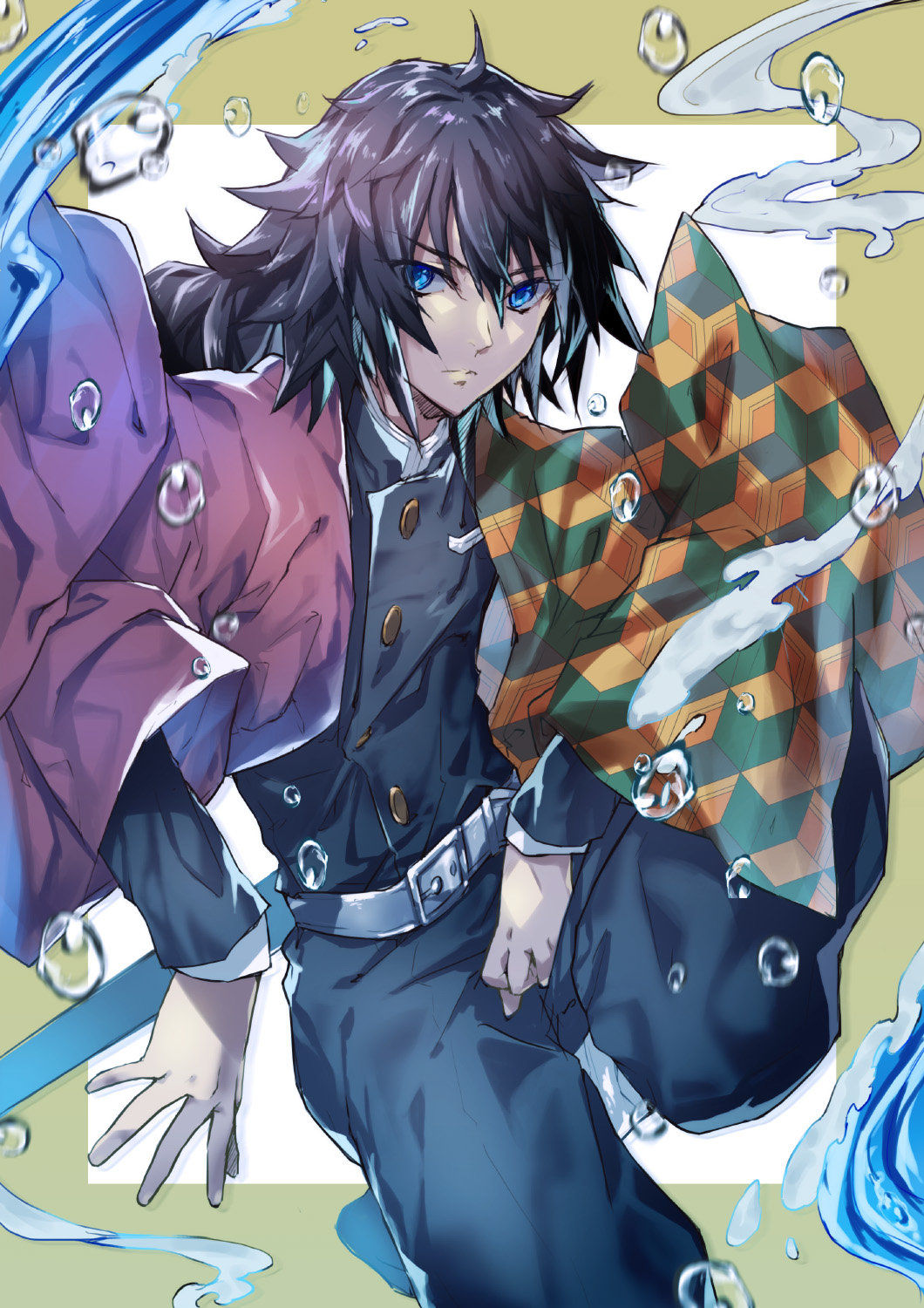 kasumi komo, tomioka giyuu, kimetsu no yaiba, commentary request, highres, 1boy, belt, black hair, black jacket, black pants, blue eyes, buttons, closed mouth, demon slayer uniform, gold buttons, hair between eyes, haori, high collar, jacket, japanese clothes, kikkoumon, long hair, looking at viewer, low ponytail, male focus, pants, ponytail, print haori, red haori, scabbard, sheath, solo, spiked hair, water, white belt