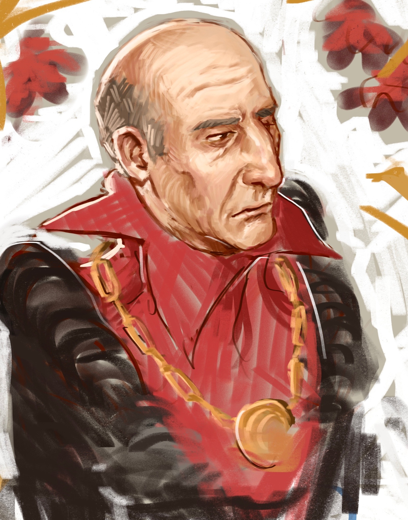 haskill, the elder scrolls, the elder scrolls iv: oblivion, commentary, english commentary, highres, 1boy, balding, black coat, brown eyes, coat, collar, collared coat, expressionless, gold necklace, haskills-husband, jewelry, mature male, necklace, painterly, red collar, upper body, white background