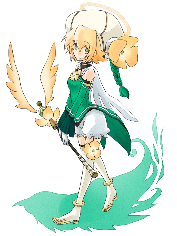 raitake, atoli, .hack//, .hack//g.u., .hack//link, bandai, cyber connect 2, 00s, 1girl, blonde hair, braid, cape, female focus, green hair, hat, short hair, simple background, single braid, solo, staff, thighhighs, yellow eyes