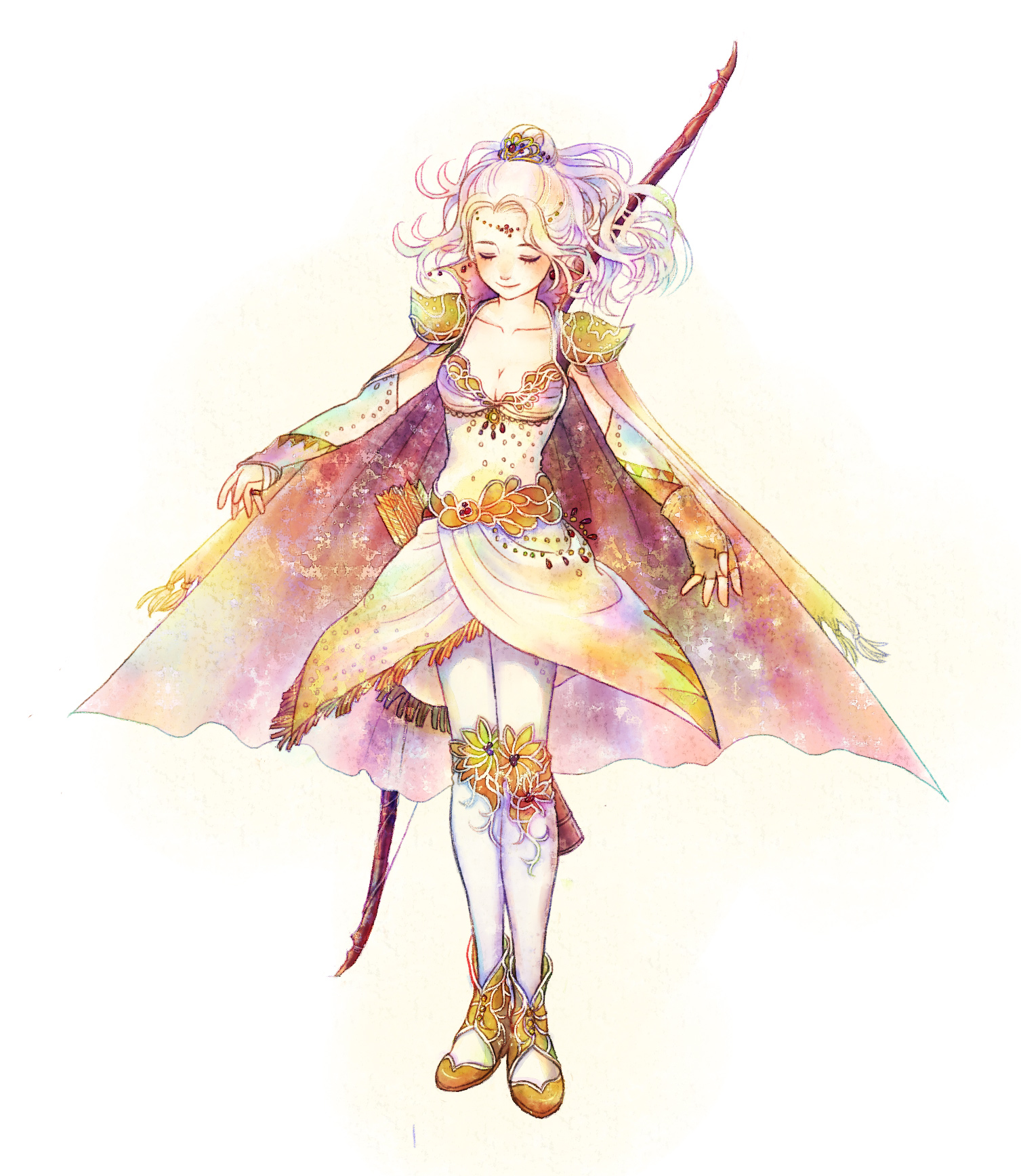 cocura, rosa farrell, final fantasy, final fantasy iv, highres, md5 mismatch, 1990s (style), 1girl, arrow (projectile), blonde hair, boots, bow (weapon), breasts, bridal gauntlets, cape, cleavage, closed eyes, female focus, hair ornament, large breasts, leotard, long hair, pantyhose, ponytail, quiver, retro artstyle, shoulder pads, simple background, smile, solo, tiara, weapon, white background