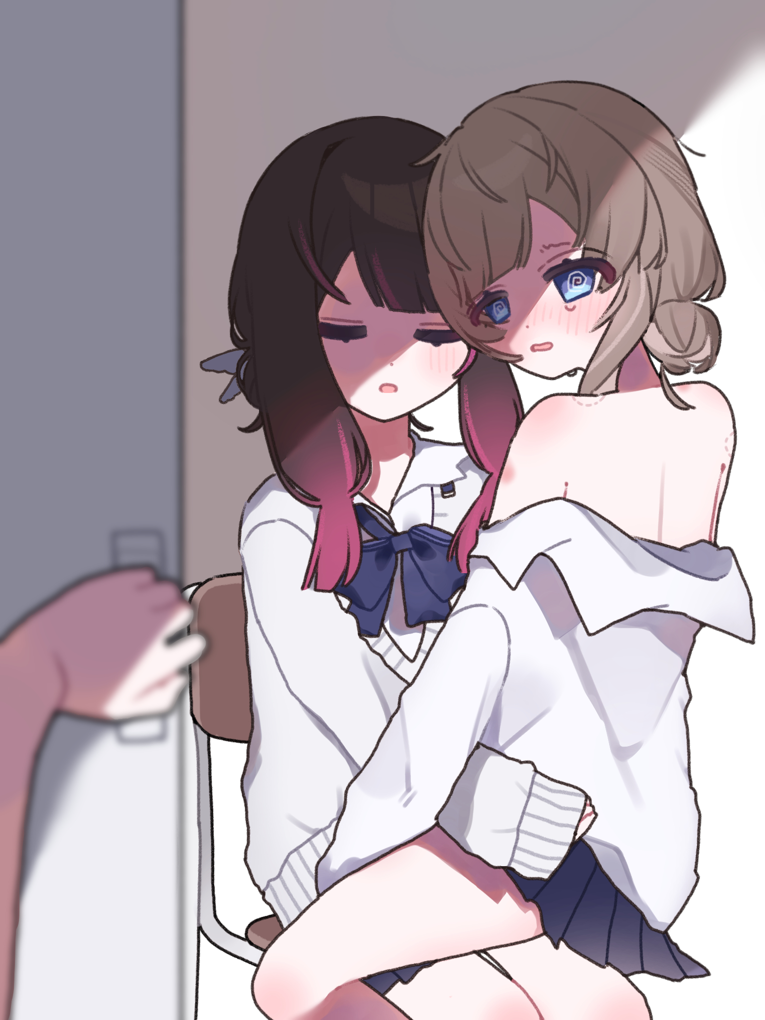 columbina (genshin impact), sandrone (genshin impact), genshin impact, commentary request, highres, 1other, 22 rink, 2girls, @ @, bite mark, bite mark on shoulder, black bow, black bowtie, black hair, black skirt, blue eyes, blush, bow, bowtie, brown hair, caught, closed eyes, hickey, multicolored hair, multiple girls, off shoulder, parted lips, pleated skirt, pov, pov hands, purple streaks, school uniform, shirt, sitting, sitting on lap, sitting on person, skirt, streaked hair, sweat, sweater, walk-in, white shirt, white sweater, yuri