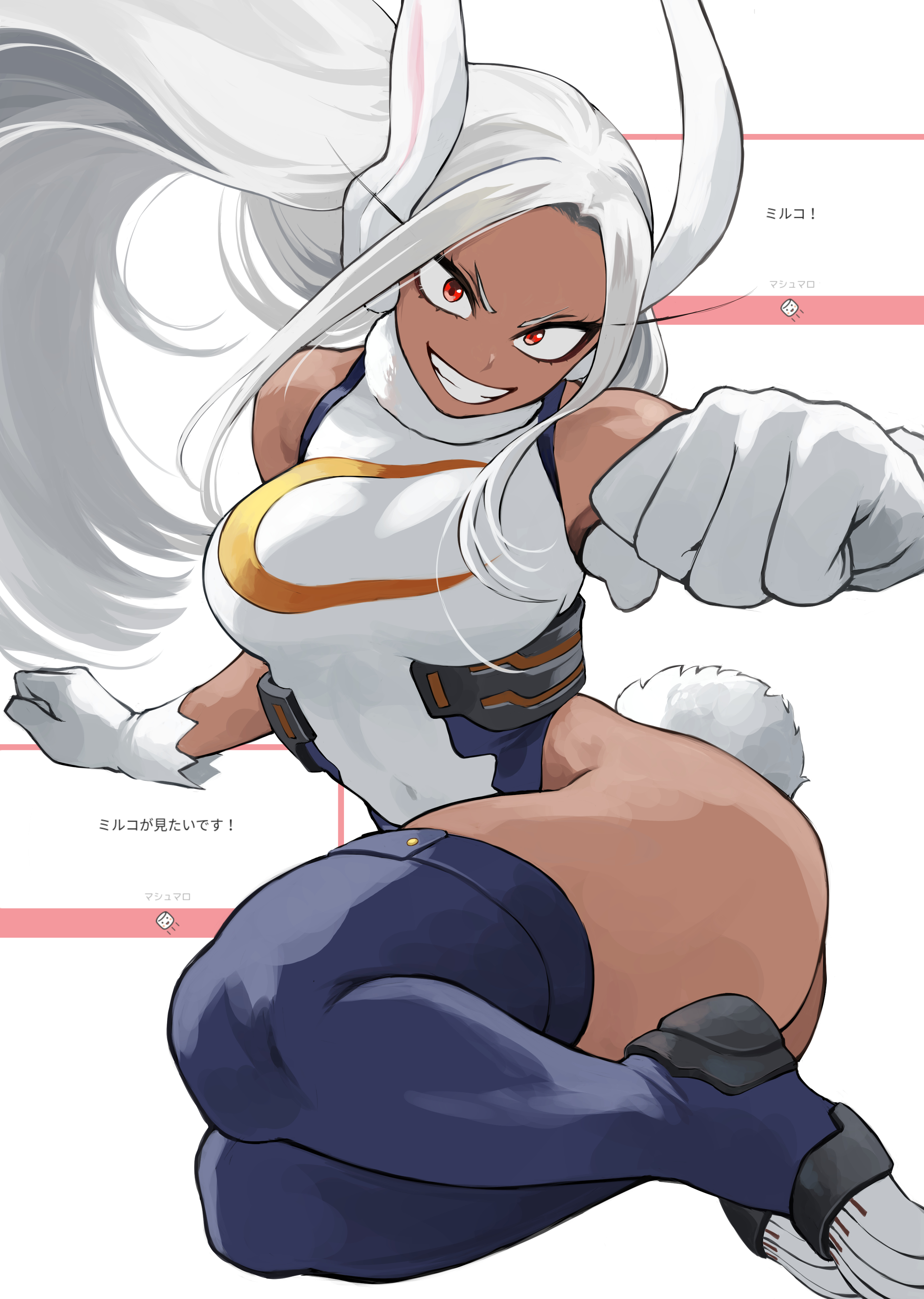 fengling (furin-jp), mirko, boku no hero academia, absurdres, highres, 1girl, animal ears, blue thighhighs, breasts, crescent print, dark-skinned female, dark skin, gloves, grin, heattech leotard, highleg, highleg leotard, large breasts, leotard, long hair, looking at viewer, marshmallow (site), open mouth, parted bangs, rabbit ears, rabbit girl, rabbit tail, red eyes, smile, solo, tail, teeth, thick thighs, thighhighs, thighs, turtleneck, white gloves, white hair, white leotard