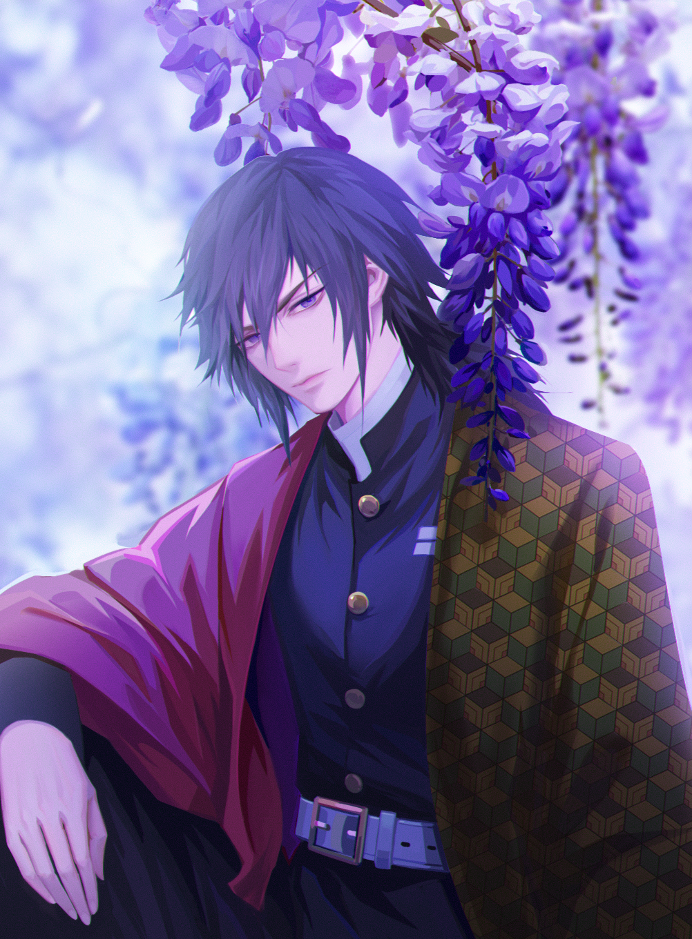 qgailz, tomioka giyuu, kimetsu no yaiba, chinese commentary, commentary, highres, 1boy, belt, belt buckle, black hair, black jacket, black pants, blue eyes, buckle, buttons, closed mouth, demon slayer uniform, empty eyes, gold buttons, hair between eyes, haori, high collar, jacket, japanese clothes, kikkoumon, long hair, looking at viewer, low ponytail, male focus, pants, ponytail, print haori, red haori, sitting, solo, spiked hair, v-shaped eyebrows, white belt