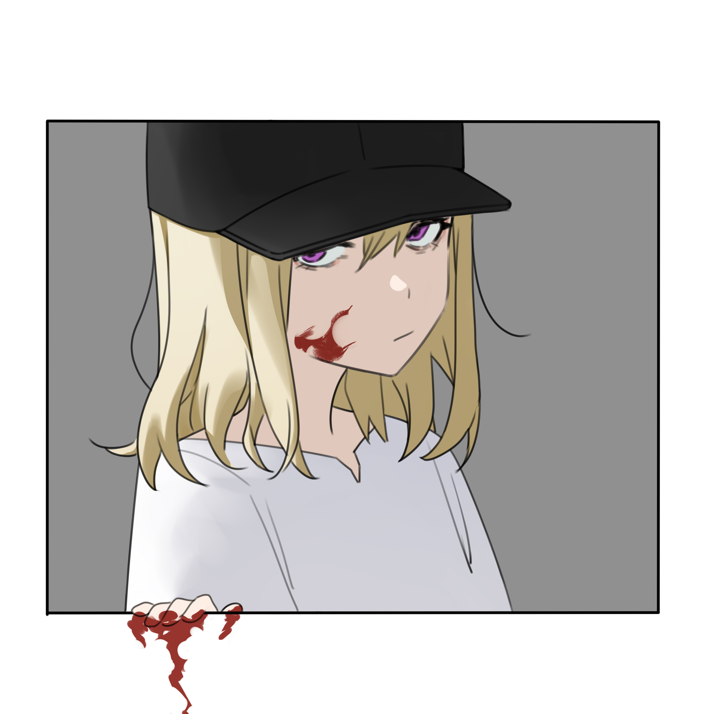 longshengyan, misumi uika, bang dream!, bang dream! it's mygo!!!!!, highres, 1girl, bags under eyes, baseball cap, black hat, blonde hair, blood, blood on face, blood on hands, border, closed mouth, glaring, grey background, hair between eyes, hat, looking at viewer, medium hair, narrowed eyes, outside border, purple eyes, shirt, sideways glance, simple background, solo, unamused, white border, white shirt