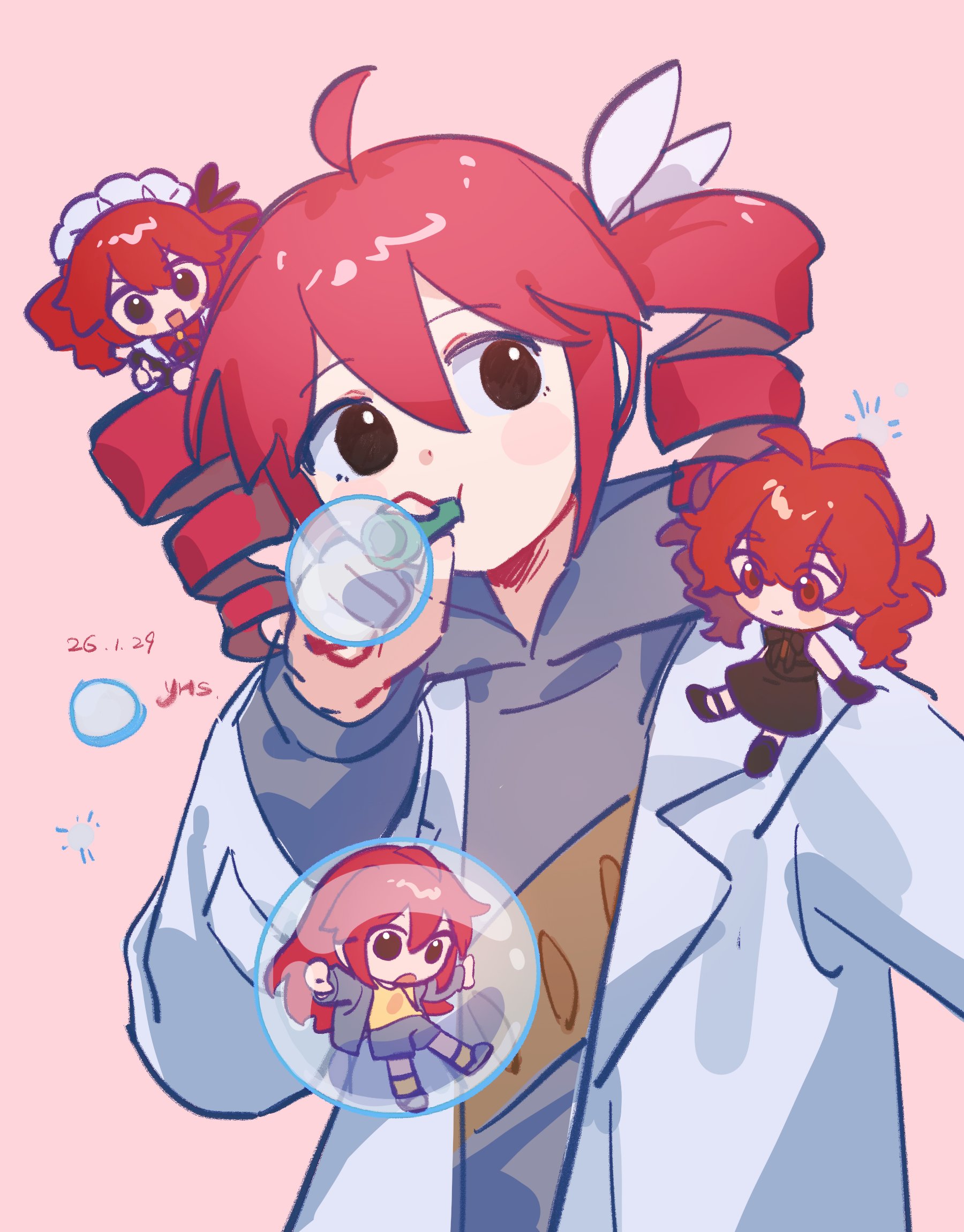 rainflowerstone, kasane teto, science (synthesizer v), utau, hashtag-only commentary, highres, song request, 4girls, :d, ahoge, black eyes, blowing bubbles, blush stickers, bread print, bubble, bubble pipe, chibi, closed mouth, dated, double-parted bangs, drill hair, encore dance (synthesizer v), grey hoodie, hair between eyes, hair ribbon, hood, hood down, hoodie, in bubble, lab coat, long sleeves, looking at viewer, magic maid (synthesizer v), maid headdress, mini person, minigirl, multiple girls, multiple persona, open mouth, pink background, print hoodie, red eyes, red hair, ribbon, short hair, signature, simple background, smile, twin drills, upper body, white ribbon