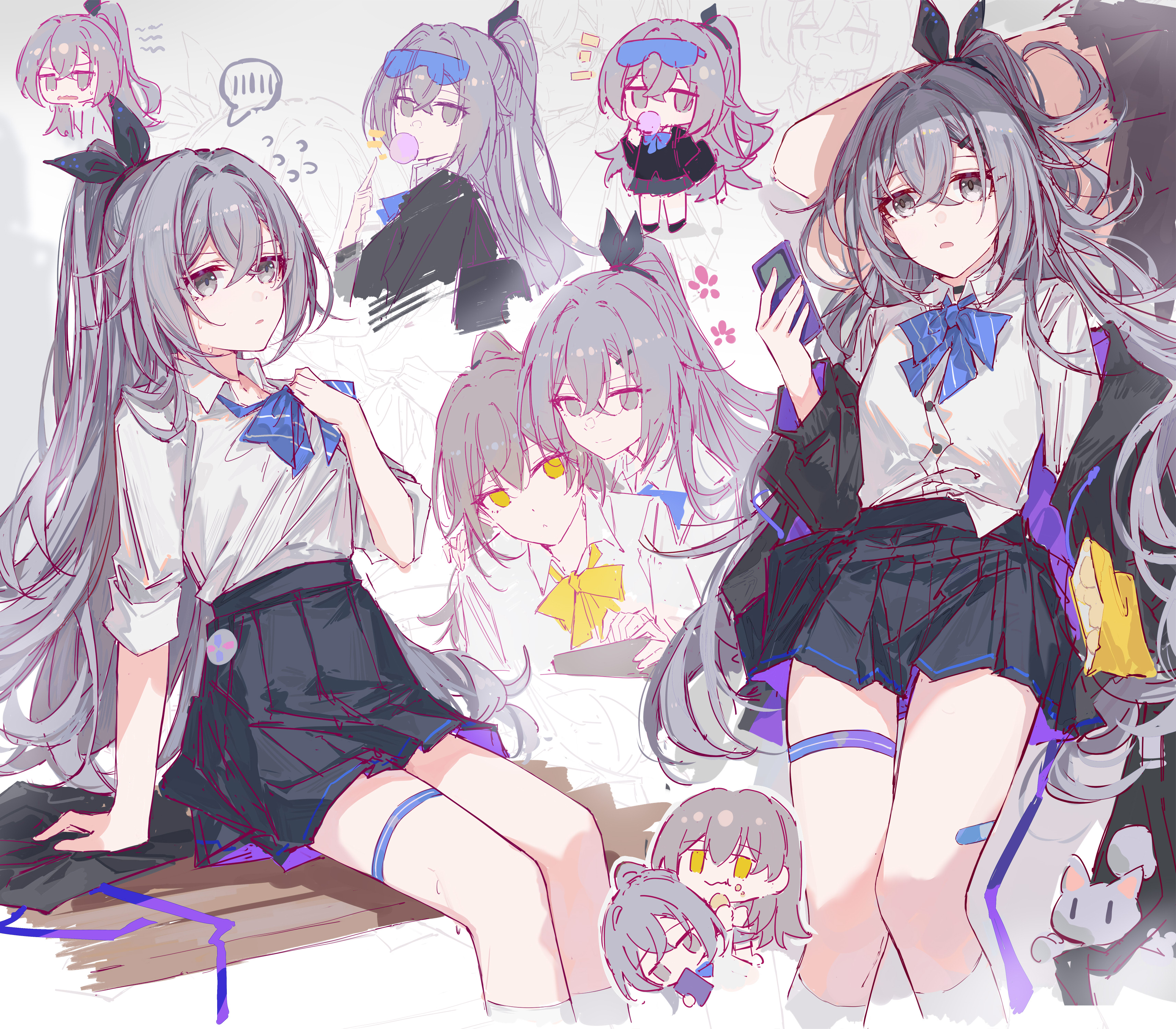 yajuu, silver wolf (honkai: star rail), stelle (honkai: star rail), trailblazer (honkai: star rail), honkai: star rail, honkai (series), absurdres, chinese commentary, commentary request, highres, revision, 2girls, alternate costume, alternate hairstyle, bandaid, bandaid on leg, blue bow, blue bowtie, bow, bowtie, chibi, collared shirt, crossed bangs, eyewear on head, flying sweatdrops, grey eyes, grey hair, hair between eyes, holding, holding phone, jacket, kneehighs, long hair, lying on lap, multiple girls, multiple views, official alternate hair length, official alternate hairstyle, open clothes, open jacket, parted lips, phone, ponytail, school uniform, shirt, simple background, sitting, sleeves rolled up, smile, socks, spoken blush, thigh strap, very long hair, white shirt, yellow bow, yellow bowtie, yellow eyes