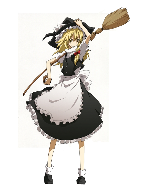 mihaya (a-ta-i), kirisame marisa, touhou, bad id, bad pixiv id, 1girl, anime coloring, apron, blonde hair, broom, dress, female focus, hand on headwear, hat, holding, holding unworn clothes, holding unworn hat, mini-hakkero, smile, solo, unworn hat, unworn headwear, witch, witch hat