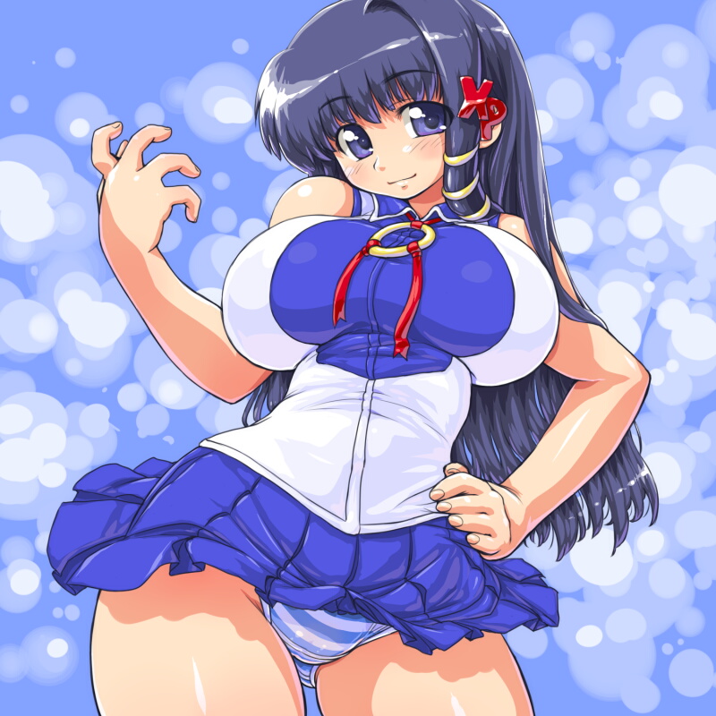 dd (ijigendd), xp-tan, os-tan, bad id, bad pixiv id, 1girl, blue eyes, blue hair, blue skirt, blush, breasts, female focus, huge breasts, long hair, matching hair/eyes, narrow waist, panties, pantyshot, skirt, solo, striped clothes, striped panties, underwear, upskirt
