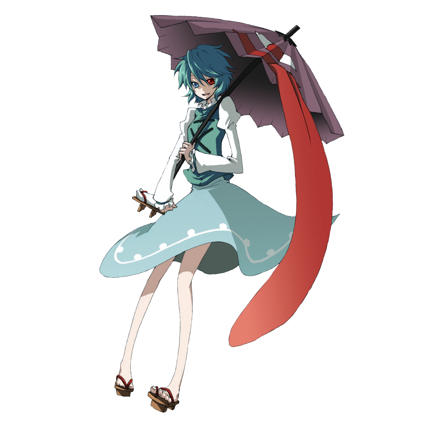 mihaya (a-ta-i), tatara kogasa, touhou, bad id, bad pixiv id, highres, 1girl, anime coloring, barefoot, blue hair, dress, female focus, full body, heterochromia, karakasa obake, legs, long sleeves, sandals, short hair, skinny, solo, tongue, transparent background, umbrella