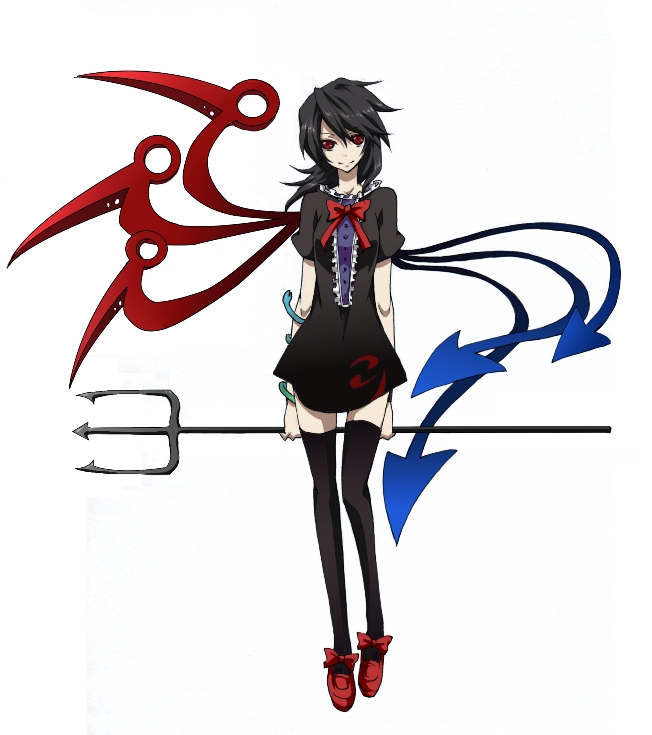mihaya (a-ta-i), houjuu nue, touhou, bad id, bad pixiv id, 1girl, anime coloring, arms behind back, black thighhighs, female focus, full body, polearm, shoes, simple background, solo, thighhighs, weapon, white background, wings, zettai ryouiki