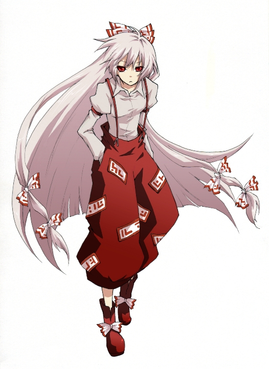 mihaya (a-ta-i), fujiwara no mokou, touhou, bad id, bad pixiv id, 1girl, anime coloring, female focus, hair ribbon, hands in pockets, long hair, pants, red eyes, ribbon, serious, slouching, solo