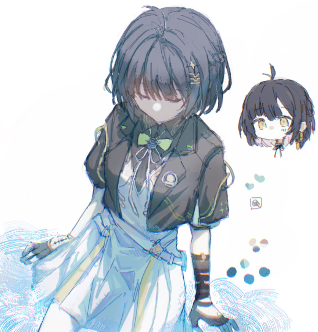 female rover (wuthering waves), rover (wuthering waves), wuthering waves, highres, 1girl, ahoge, akisyounanndesu, black gloves, black hair, black jacket, bow, bowtie, breasts, closed eyes, dress, female rover (perpetual spark) (wuthering waves), fingerless gloves, gloves, hair ornament, jacket, jewelry, official alternate costume, solo, white dress, yellow bow, yellow bowtie, yellow eyes