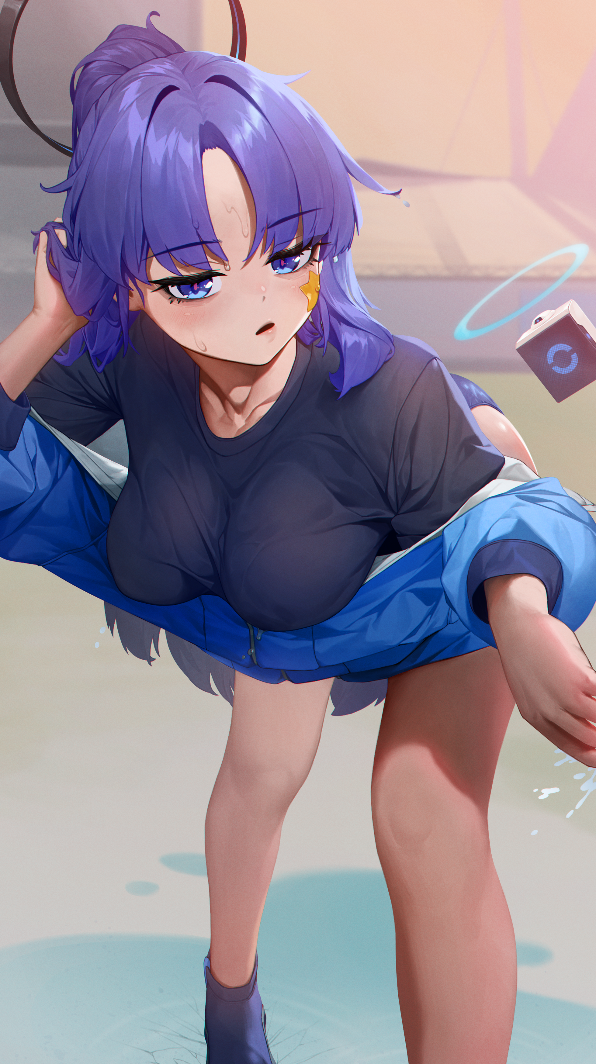 onbawa, yuuka (blue archive), yuuka (track) (blue archive), bleach, blue archive, absurdres, commentary request, highres, 1girl, bare legs, black shirt, blue eyes, blue jacket, breasts, collarbone, curtained hair, drone, halo, jacket, jacket partially removed, large breasts, looking at viewer, official alternate costume, purple hair, shirt, solo, star (symbol), star sticker, sticker, sticker on face, sweat