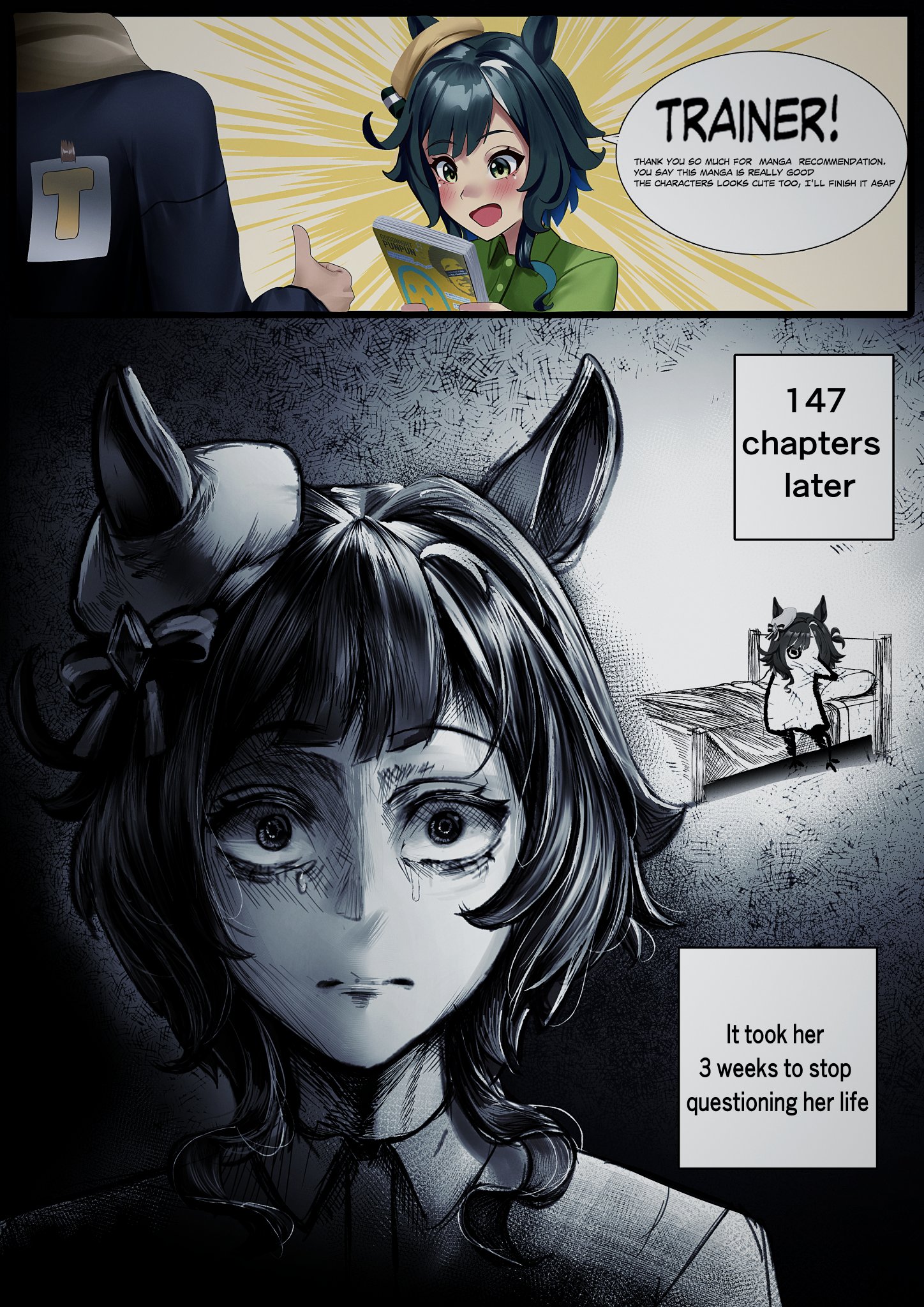 manjo (warito), kiseki (umamusume), t-head trainer (umamusume), trainer (umamusume), oyasumi punpun, umamusume, commentary, english commentary, highres, 1boy, 1girl, animal ears, bed, beret, blue jacket, blush, book, casual, closed mouth, ears through headwear, english text, green eyes, green hair, green shirt, hair between eyes, hat, holding, holding book, horse ears, horse girl, horse tail, jacket, kiseki (casual) (umamusume), multicolored hair, open mouth, shirt, short hair, smile, speech bubble, tail, tape, thumbs up, white streaks, yellow hat