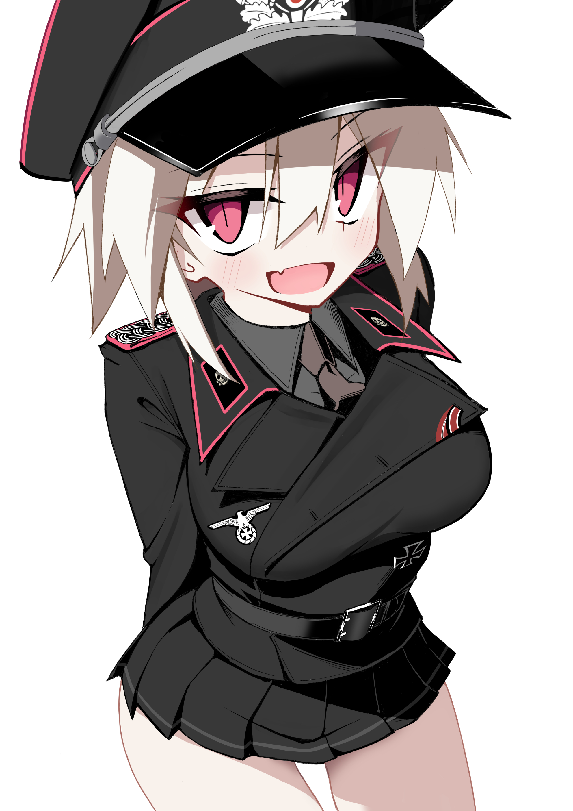 jiseki rena, original, absurdres, commentary request, highres, 1girl, :d, arms behind back, belt, black belt, black hat, black jacket, black skirt, blonde hair, blush, brown necktie, collared shirt, cross, cross patty, epaulettes, fang, grey shirt, hat, iron cross, jacket, lapels, long sleeves, looking at viewer, military hat, military jacket, military uniform, necktie, open mouth, peaked cap, red eyes, red trim, reichsadler, rena (jiseki rena), shirt, short hair, skin fang, skirt, smile, solo, thighs, totenkopf, tsurime, white background