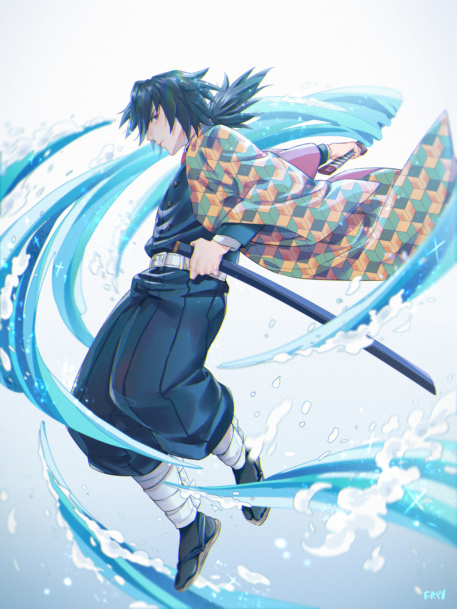 yijiuyijiu1919, tomioka giyuu, kimetsu no yaiba, commentary request, highres, 1boy, belt, belt buckle, black hair, black jacket, black pants, black socks, blue eyes, buckle, buttons, closed mouth, demon slayer uniform, empty eyes, full body, gold buttons, hair between eyes, haori, high collar, holding, holding sword, holding weapon, jacket, japanese clothes, katana, kikkoumon, long hair, looking at viewer, low ponytail, male focus, pants, ponytail, print haori, profile, red haori, sandals, slashing, socks, solo, spiked hair, sword, weapon, white background, white belt