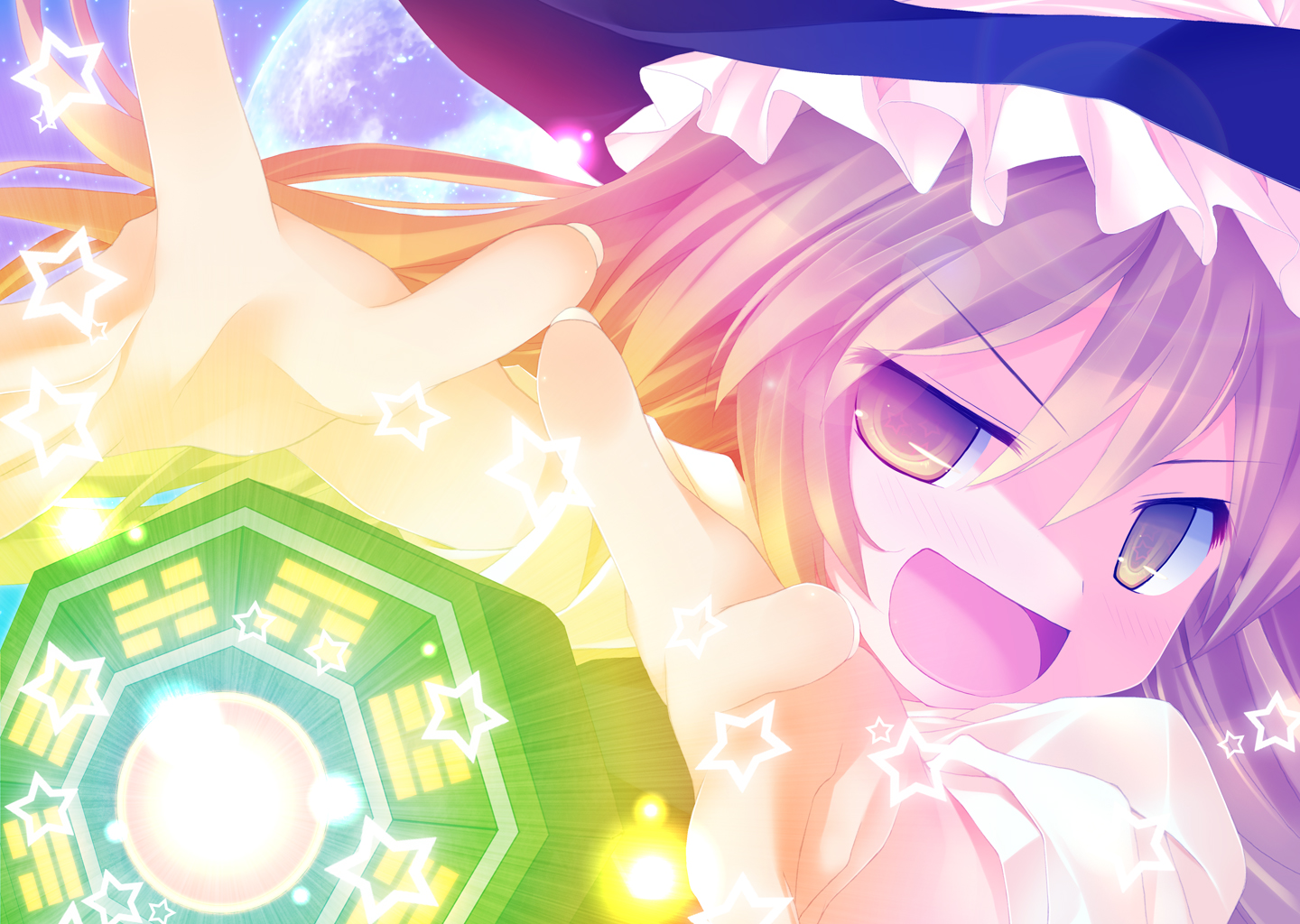 tororo (toriaezu), kirisame marisa, touhou, 1girl, blonde hair, close-up, female focus, foreshortening, mini-hakkero, solo, star (symbol), trigram, yellow eyes