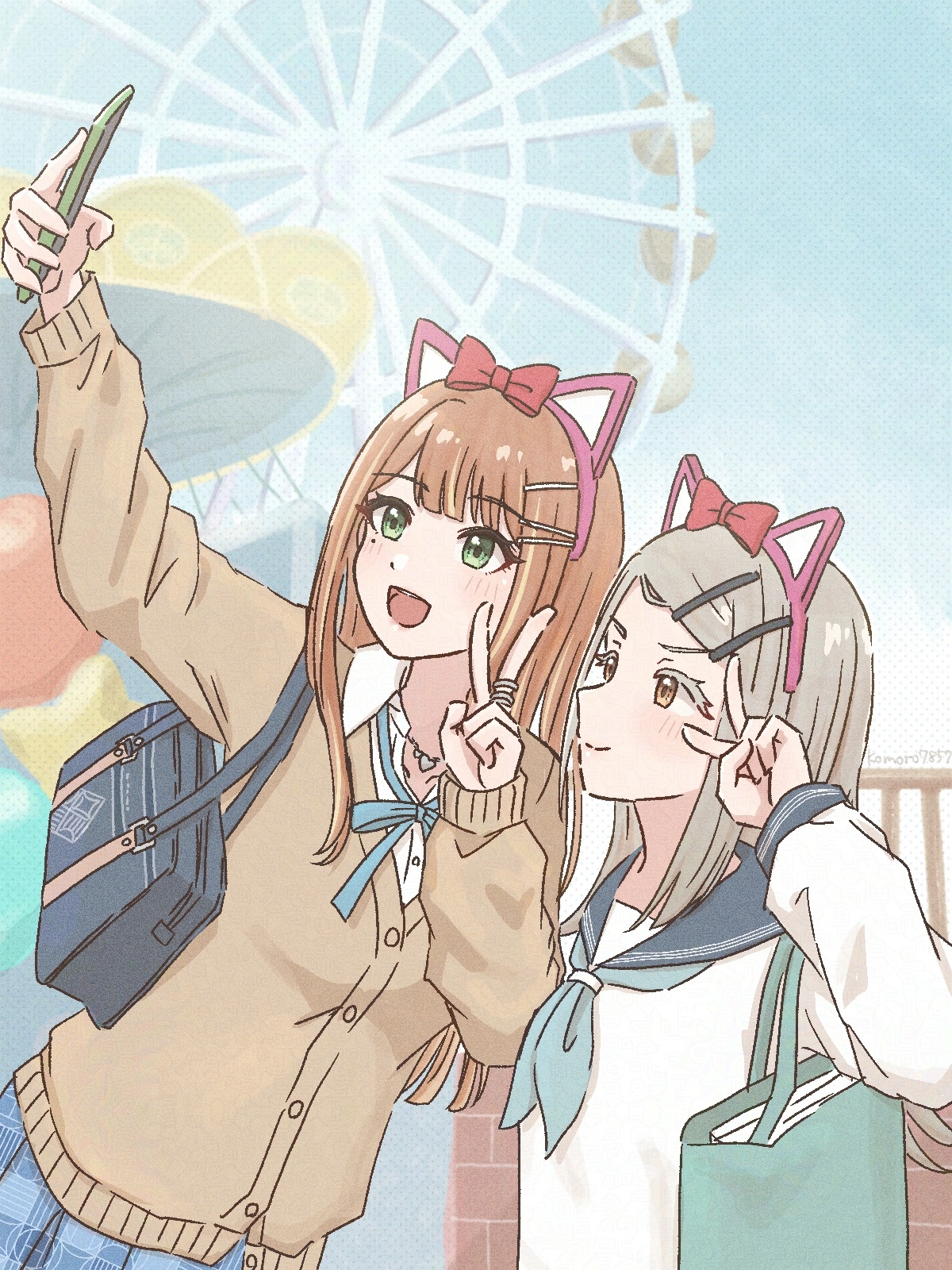 komoro7857, shinosawa hiro, shiun sumika, gakuen idolmaster, idolmaster, commentary request, highres, 2girls, amusement park, animal ear hairband, animal ears, bag, blue ribbon, blush, brown cardigan, cardigan, cat ear hairband, cat ears, cellphone, fake animal ears, ferris wheel, grey hair, gyaru, hairband, hatsuboshi gakuen school uniform, holding, holding phone, kogal, looking at phone, mole, mole under eye, multiple girls, neck ribbon, orange hair, outdoors, phone, ribbon, school bag, school uniform, selfie, serafuku, shirt, smartphone, smile, v, white shirt