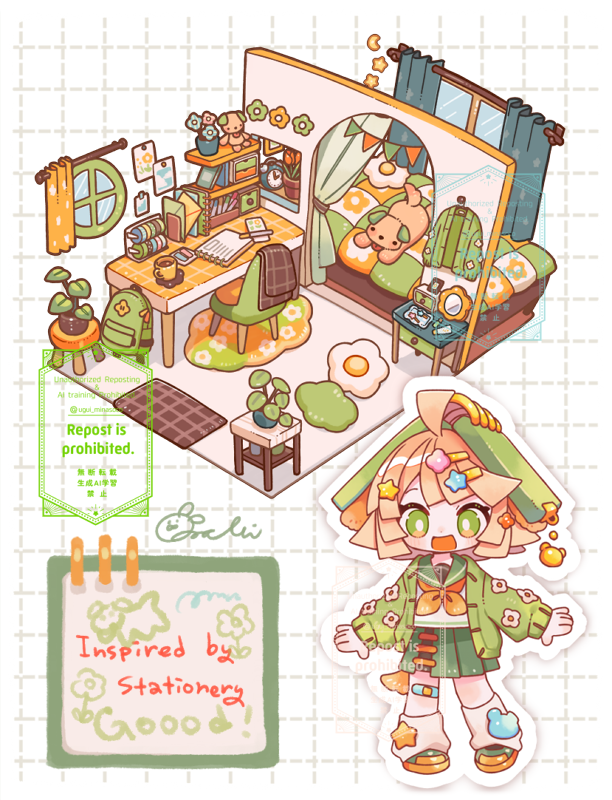 mochimura sorata, original, commentary request, 1girl, :d, ahoge, animal, animal ears, backpack, bag, bandaid, bandaid on knee, bandaid on leg, bed, bright pupils, cardigan, chair, chibi, chibi only, curtains, dated, dog, dog ears, dog girl, dog tail, flower pot, green cardigan, green eyes, green hat, green sailor collar, green shoes, green skirt, grid background, hat, indoors, leaf, long sleeves, loose socks, marker, neckerchief, notebook, open cardigan, open clothes, open mouth, orange hair, orange neckerchief, outline, plant, pleated skirt, potted plant, sailor collar, school uniform, serafuku, shirt, shoes, short hair, signature, skirt, smile, socks, standing, streamers, stuffed animal, stuffed dog, stuffed toy, table, tail, unworn backpack, unworn bag, watermark, white outline, white pupils, white shirt, white socks, window