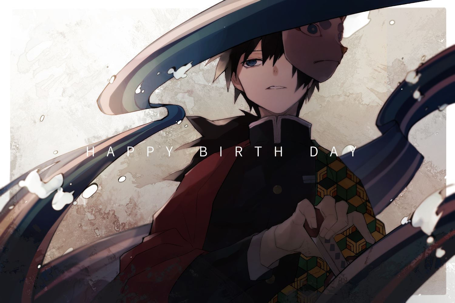 ryo (piggerworld), tomioka giyuu, kimetsu no yaiba, commentary request, 1boy, black hair, black jacket, blue eyes, buttons, demon slayer uniform, empty eyes, english text, fingernails, fox mask, gold buttons, hair between eyes, haori, happy birthday, high collar, holding, holding sword, holding weapon, jacket, japanese clothes, katana, kikkoumon, long hair, low ponytail, male focus, mask, mask on head, one eye covered, parted lips, ponytail, print haori, red haori, solo, spiked hair, sword, teeth, upper body, water, weapon