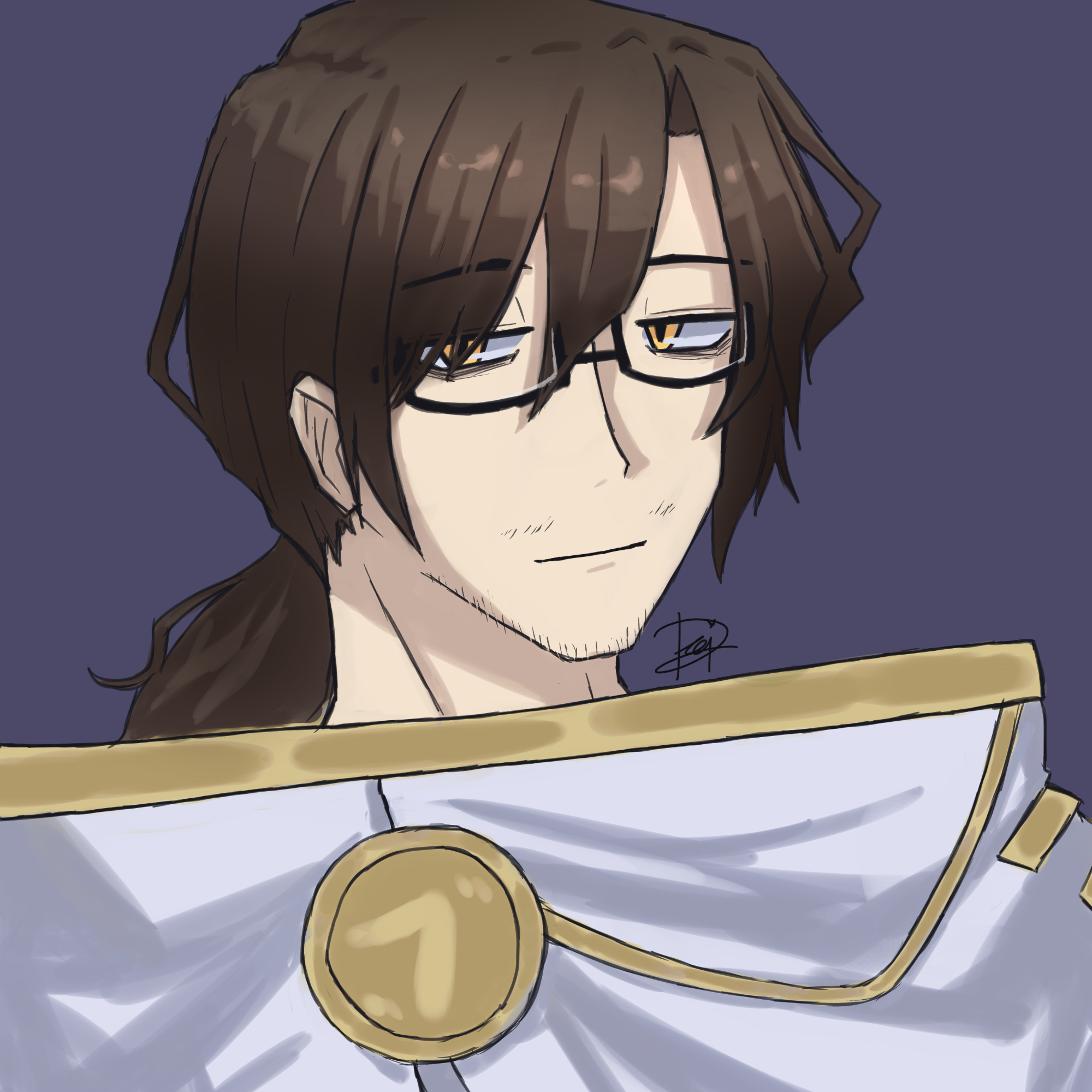 gregor (project moon), limbus company, project moon, absurdres, highres, photoshop (medium), 1boy, artist name, bags under eyes, beard stubble, black-framed eyewear, black-framed glasses, brown hair, close-up, closed mouth, coat, eyes visible through hair, facial hair, glasses, gold trim, hair between eyes, hair over one eye, half-closed eyes, light smile, long hair, looking to the side, low ponytail, male focus, parted bangs, ponytail, portrait, purple background, sanpaku, semi-rimless eyewear, sidelocks, signature, simple background, smile, solo, stubble, under-rim eyewear, upper body, white coat, yellow eyes