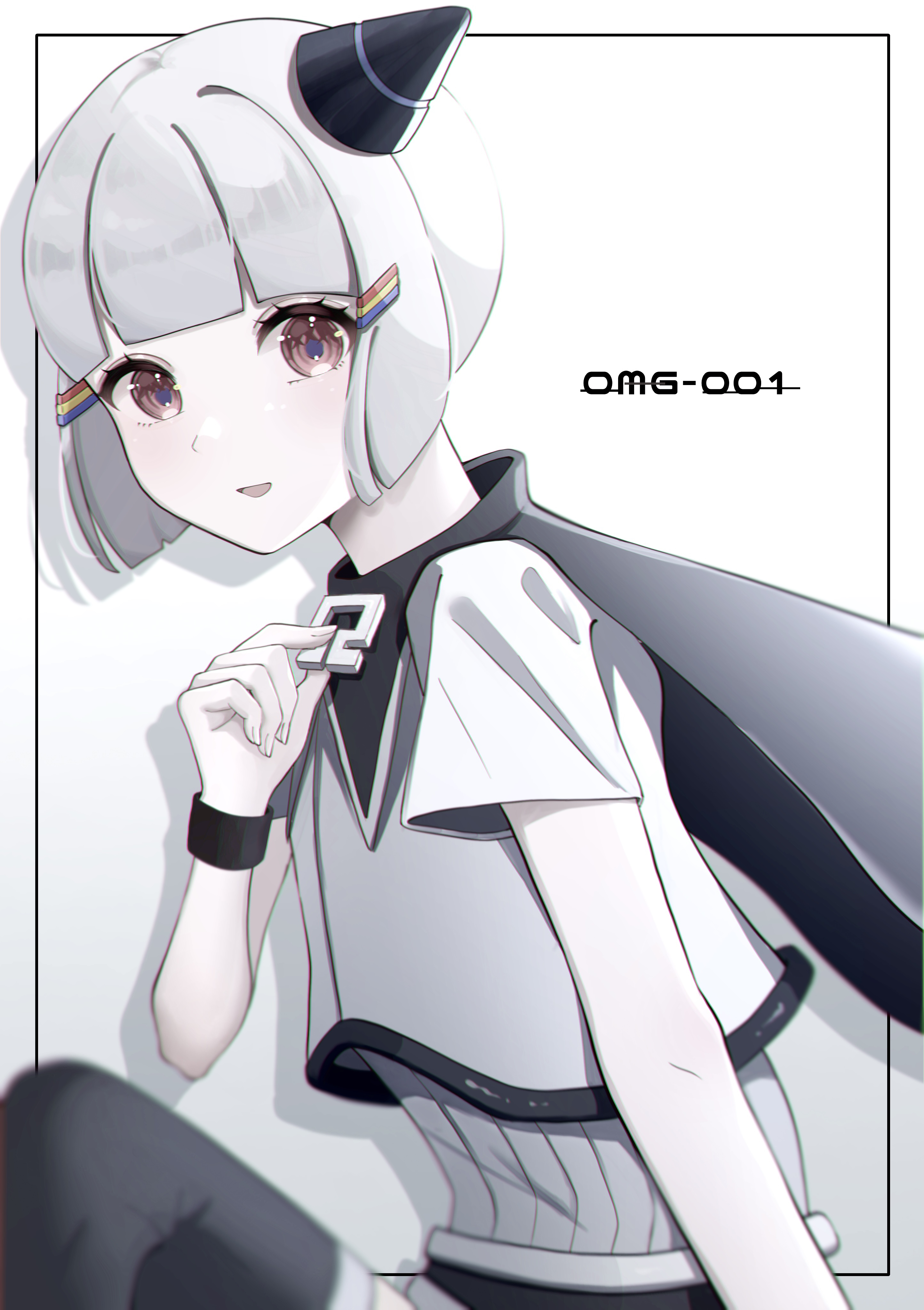 shirotae nun, omega sisters, absurdres, commentary, highres, 1girl, black border, black cape, black horns, blunt bangs, blurry, blush, border, bracelet, brown eyes, cape, character name, chromatic aberration, depth of field, drop shadow, from side, gradient background, grey background, grey hair, hand up, holding, horns, inset border, jewelry, looking at viewer, looking to the side, mechanical horns, omega-chan (omega sisters), omega symbol, open mouth, pale skin, purple pupils, shirt, short hair, short sleeves, sitting, smile, solo, upper body, virtual youtuber, white background, white shirt