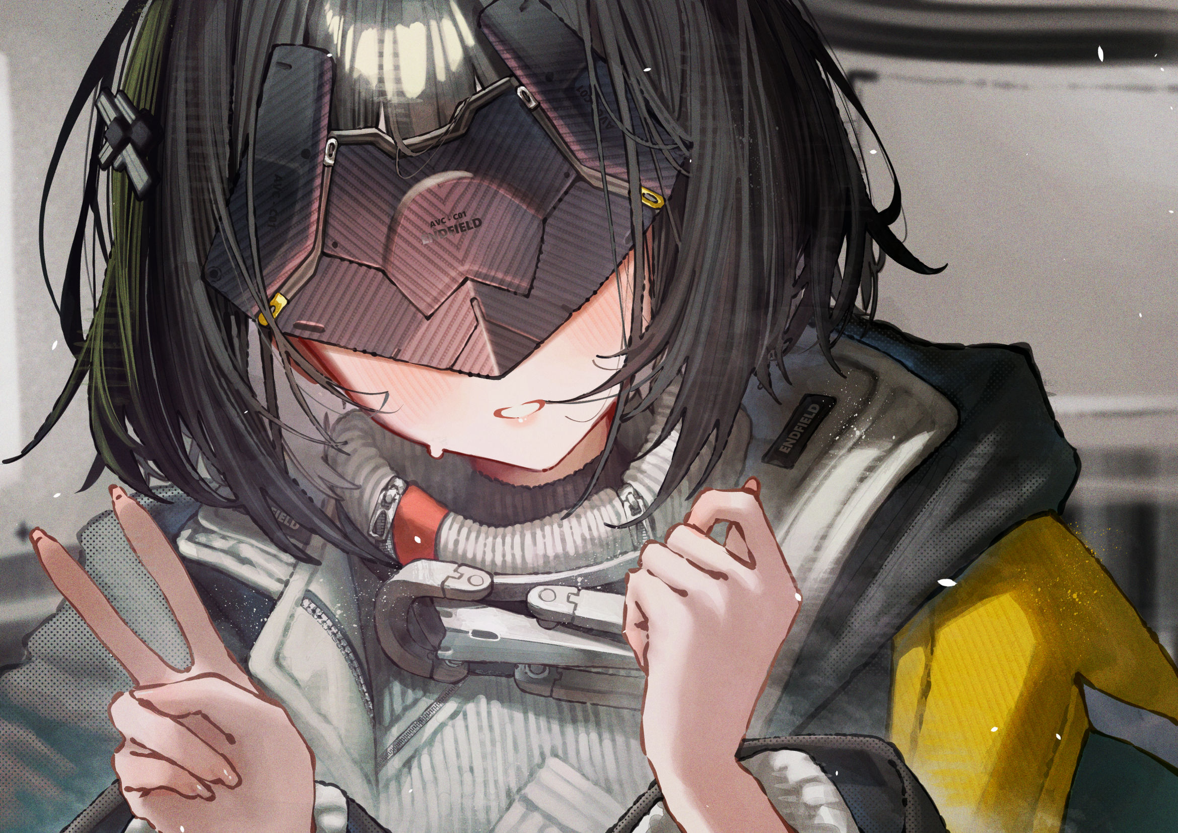 betabeet, endministrator (arknights), female endministrator (arknights), arknights, arknights: endfield, commentary, highres, 1girl, black coat, black hair, black mask, blush, close-up, coat, eye mask, fingernails, hands up, light particles, mask, short hair, smile, solo, sweater, turtleneck, turtleneck sweater, upper body, v, white sweater