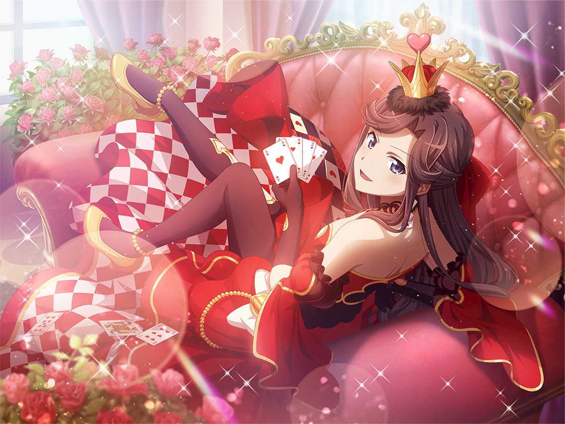 queen of hearts (alice in wonderland), tendou maya, alice's adventures in wonderland, shoujo kageki revue starlight, shoujo kageki revue starlight -re live-, game cg, official art, 1girl, back, black gloves, black pantyhose, blurry, blurry foreground, brown hair, card, cosplay, couch, crown, detached sleeves, dress, elbow gloves, flower, gloves, holding, holding card, long hair, looking at viewer, looking back, on couch, pantyhose, parted bangs, parted lips, puffy detached sleeves, puffy sleeves, purple eyes, queen of hearts (alice in wonderland) (cosplay), reclining, red dress, rose, shoes, solo, sparkle, yellow shoes