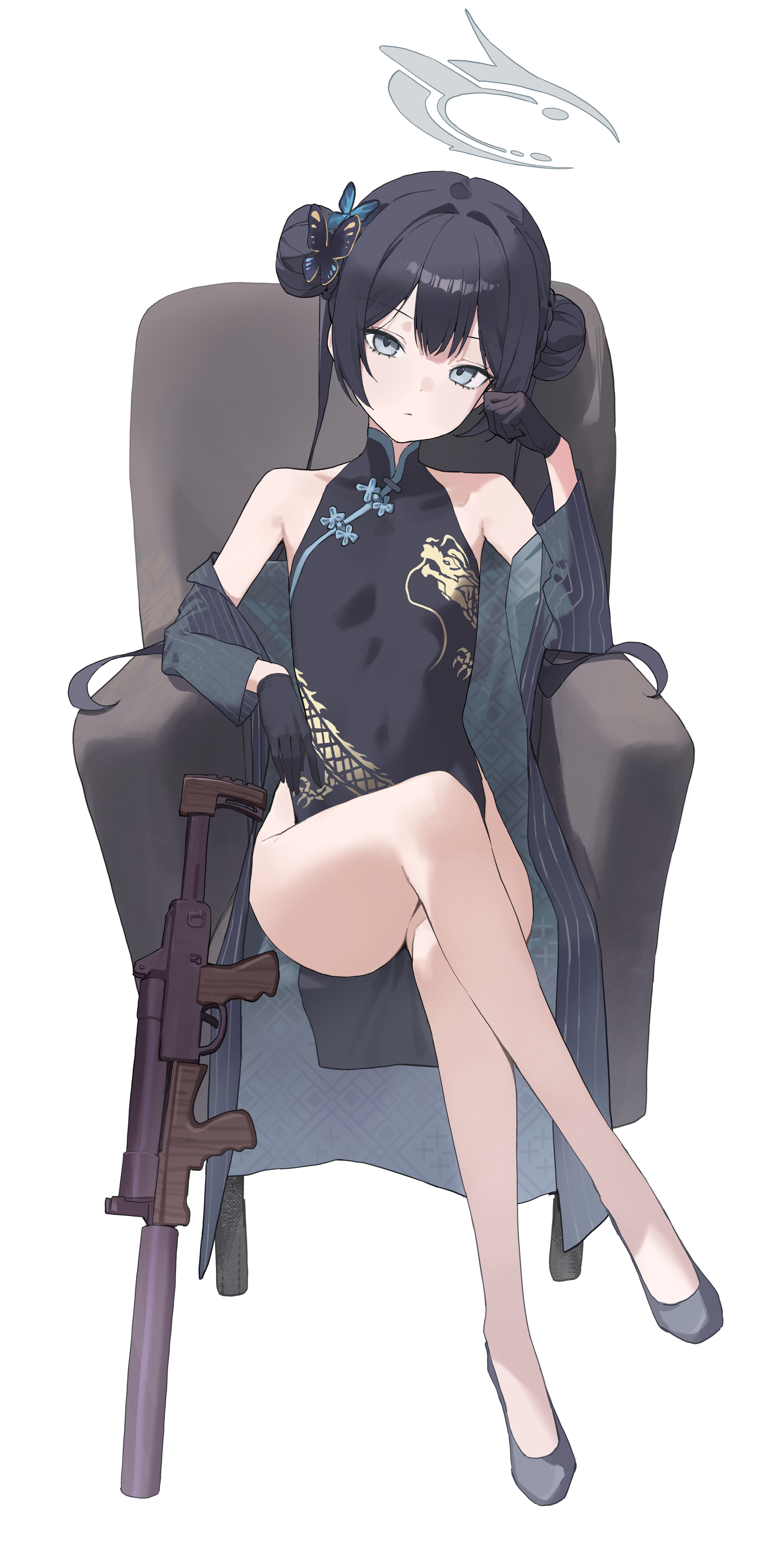 ki-16, kisaki (blue archive), blue archive, absurdres, commentary, highres, 1girl, bare legs, bare shoulders, black coat, black dress, black gloves, black hair, black shoes, butterfly hair ornament, chair, china dress, chinese clothes, coat, coat partially removed, crossed legs, cs/ls06, double bun, dragon print, dress, full body, gloves, gun, hair bun, hair ornament, halo, long hair, looking at viewer, on chair, pinstripe pattern, shoes, sitting, sleeveless, sleeveless dress, solo, submachine gun, twintails, very long hair, weapon