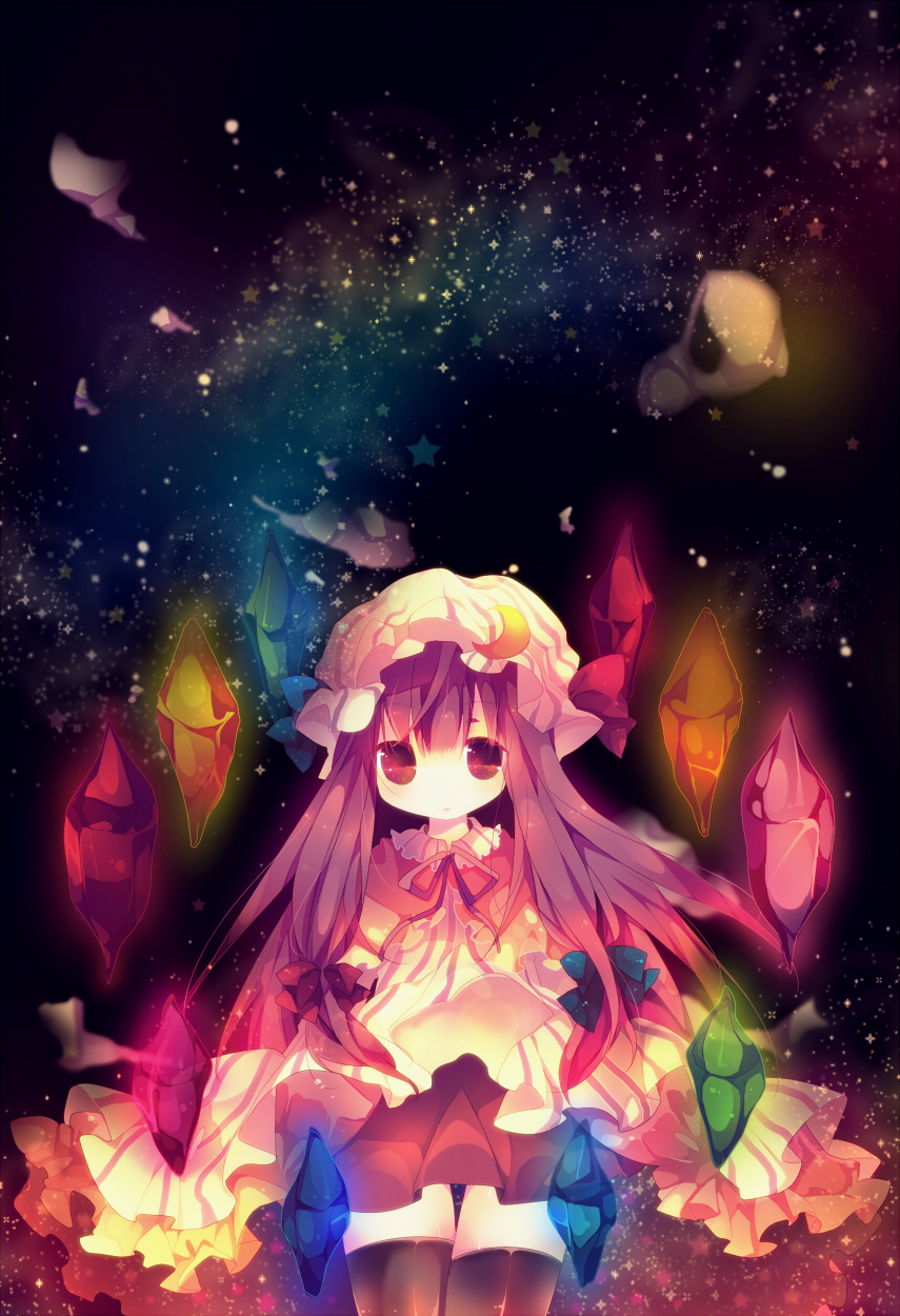 ana (rznuscrf), patchouli knowledge, touhou, highres, 1girl, black thighhighs, crystal, female focus, hat, long hair, night, purple eyes, purple hair, sky, solo, standing, star (sky), star (symbol), starry sky, thigh gap, thighhighs, thighs, zettai ryouiki