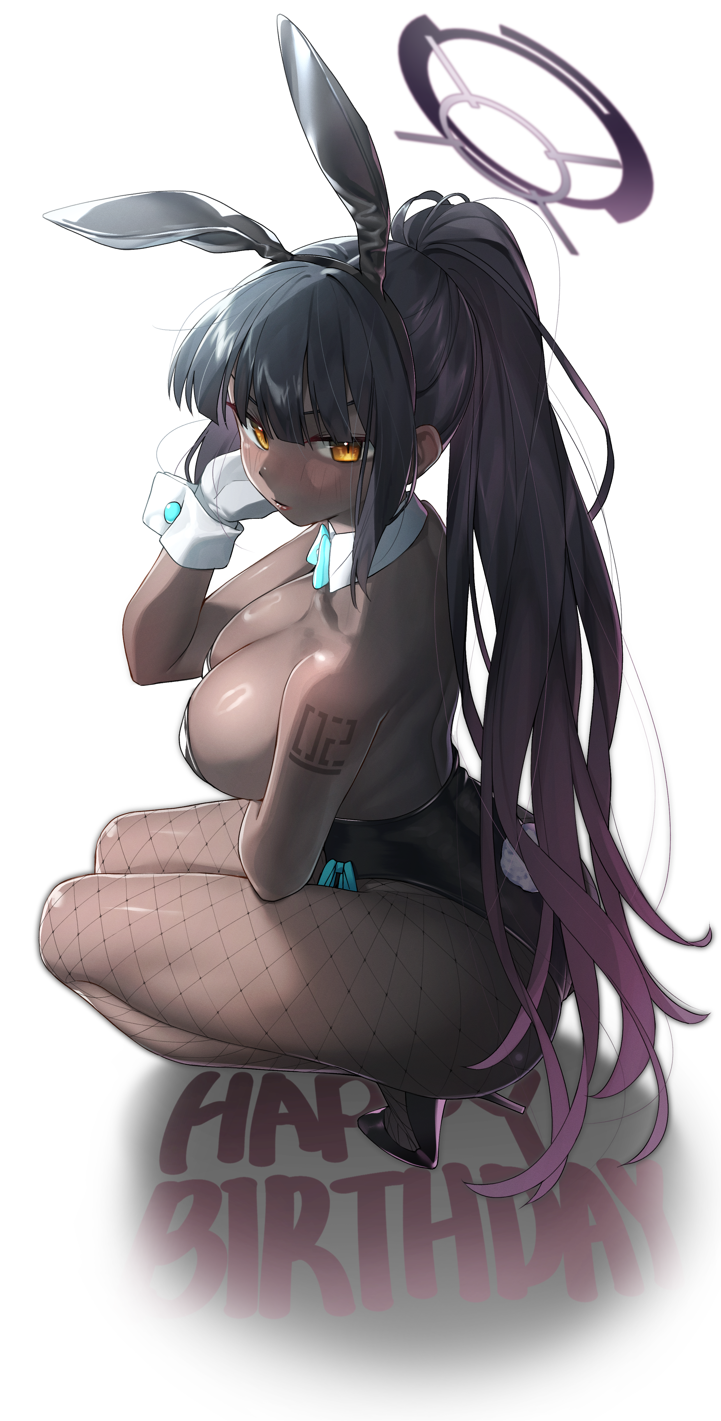 walking nakta, karin (blue archive), karin (bunny) (blue archive), blue archive, absurdres, commentary request, highres, 1girl, animal ear hairband, animal ears, black hair, black leotard, dark-skinned female, dark skin, fake animal ears, fake tail, fishnet pantyhose, fishnets, gloves, gradient hair, hairband, halo, happy birthday, leotard, long hair, looking at viewer, multicolored hair, number tattoo, pantyhose, playboy bunny, ponytail, purple hair, rabbit ear hairband, rabbit ears, rabbit tail, shoulder tattoo, solo, squatting, strapless, strapless leotard, tail, tattoo, very long hair, white gloves